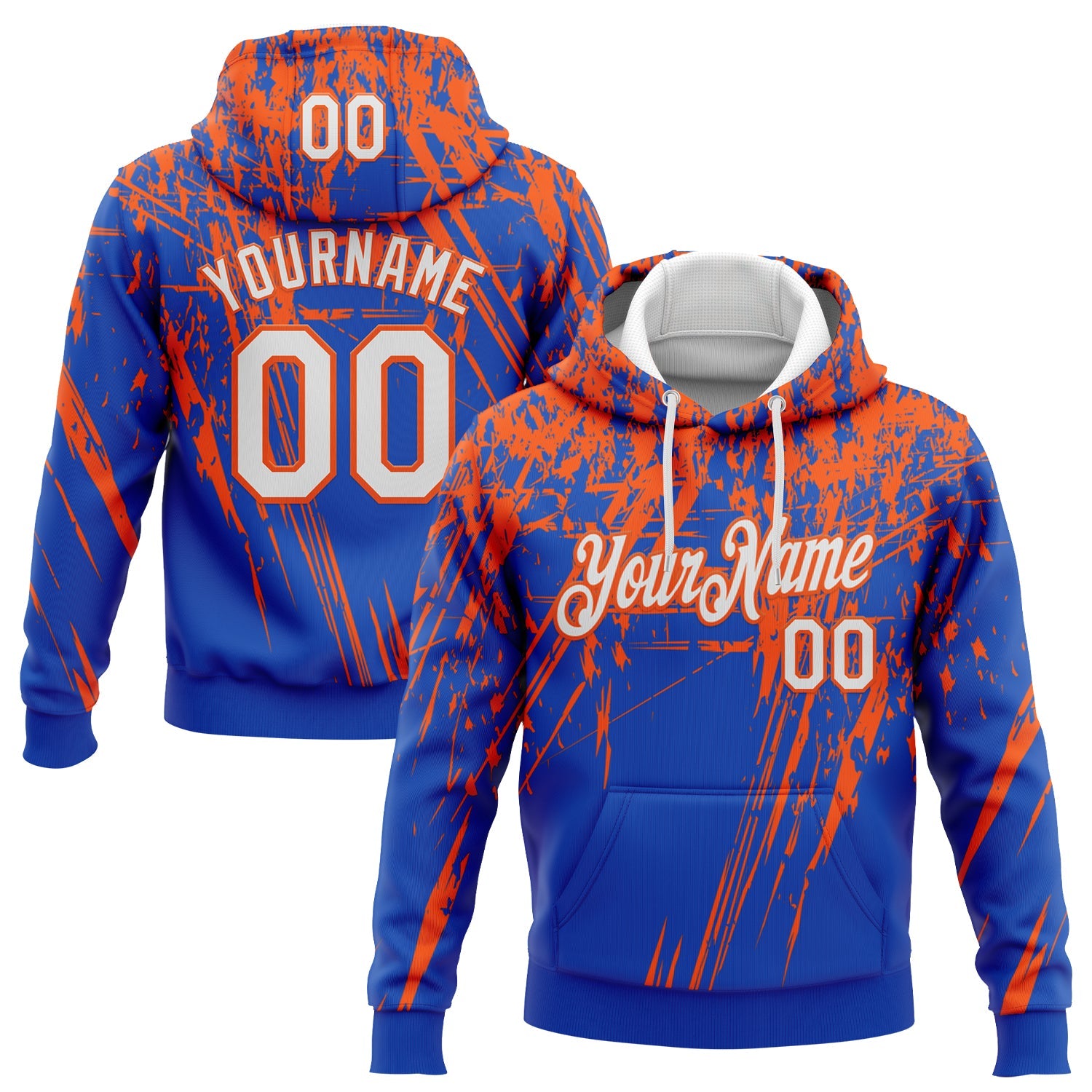 Custom Stitched Thunder Blue White-Orange 3D Pattern Design Splash Grunge Art Sports Pullover Sweatshirt Hoodie - Main View