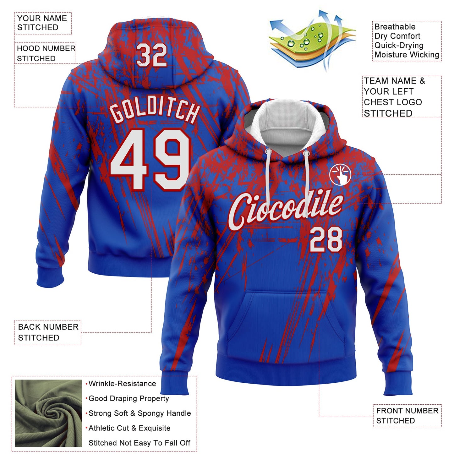 Custom Stitched Thunder Blue White-Red 3D Pattern Design Splash Grunge Art Sports Pullover Sweatshirt Hoodie view 2