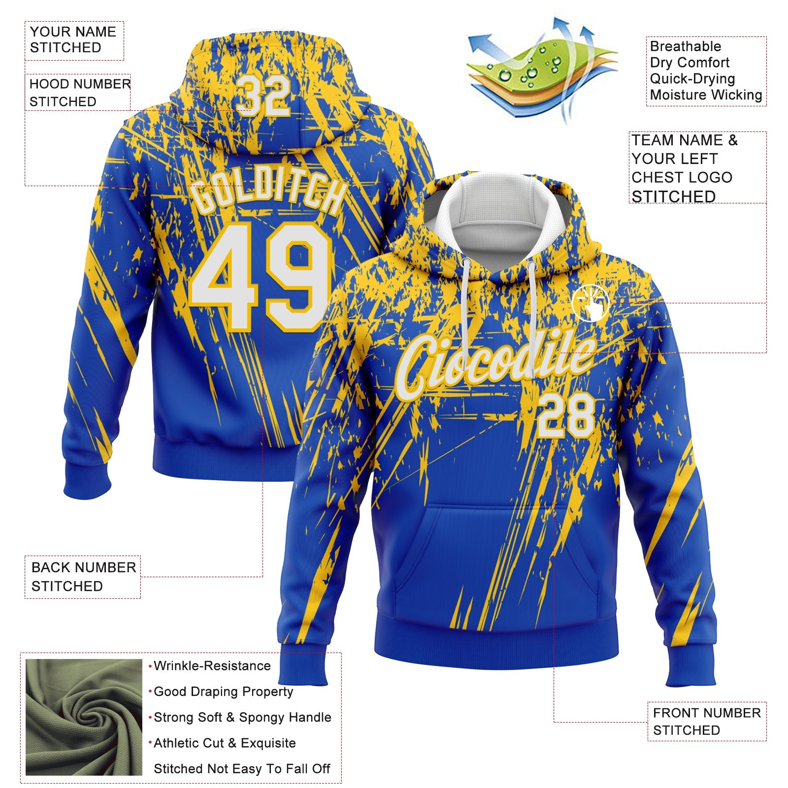 Custom Stitched Thunder Blue White-Yellow 3D Pattern Design Splash Grunge Art Sports Pullover Sweatshirt Hoodie view 2