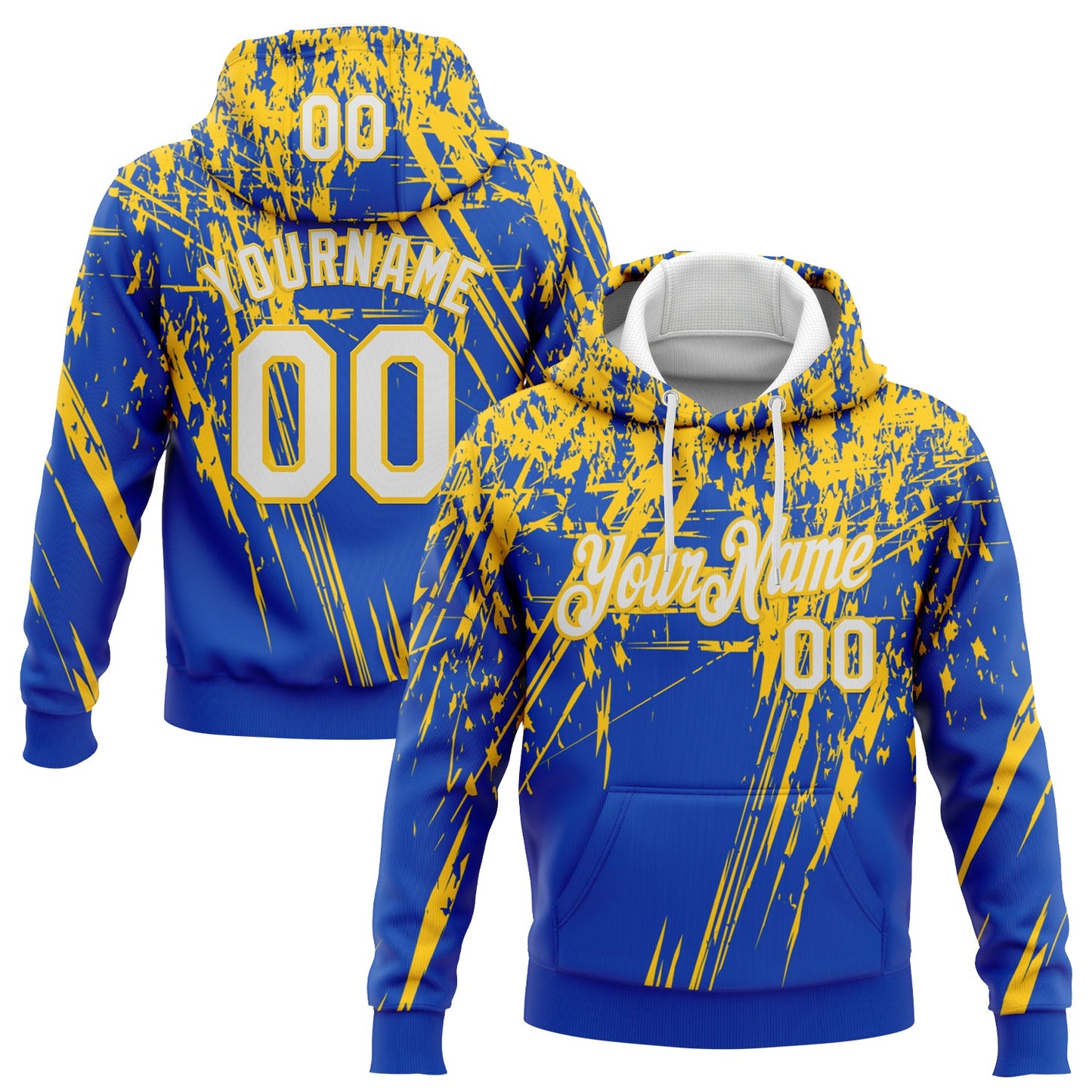 Custom Stitched Thunder Blue White-Yellow 3D Pattern Design Splash Grunge Art Sports Pullover Sweatshirt Hoodie - Main View