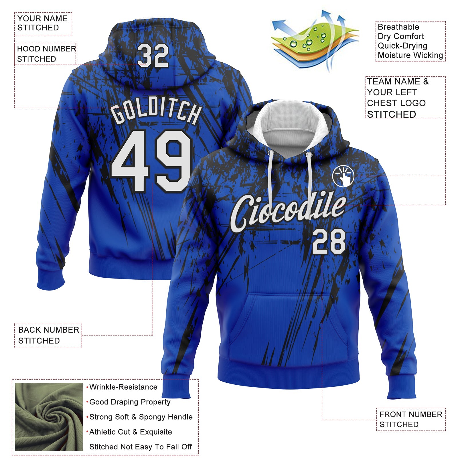 Custom Stitched Thunder Blue White-Black 3D Pattern Design Splash Grunge Art Sports Pullover Sweatshirt Hoodie view 2