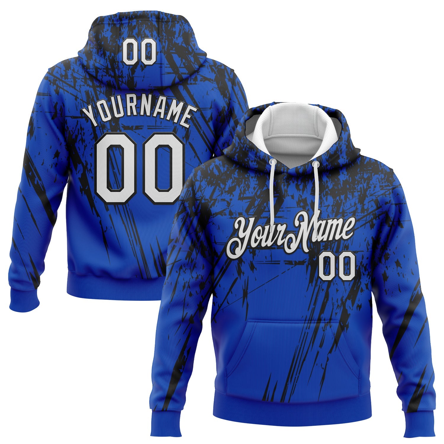 Custom Stitched Thunder Blue White-Black 3D Pattern Design Splash Grunge Art Sports Pullover Sweatshirt Hoodie - Main View