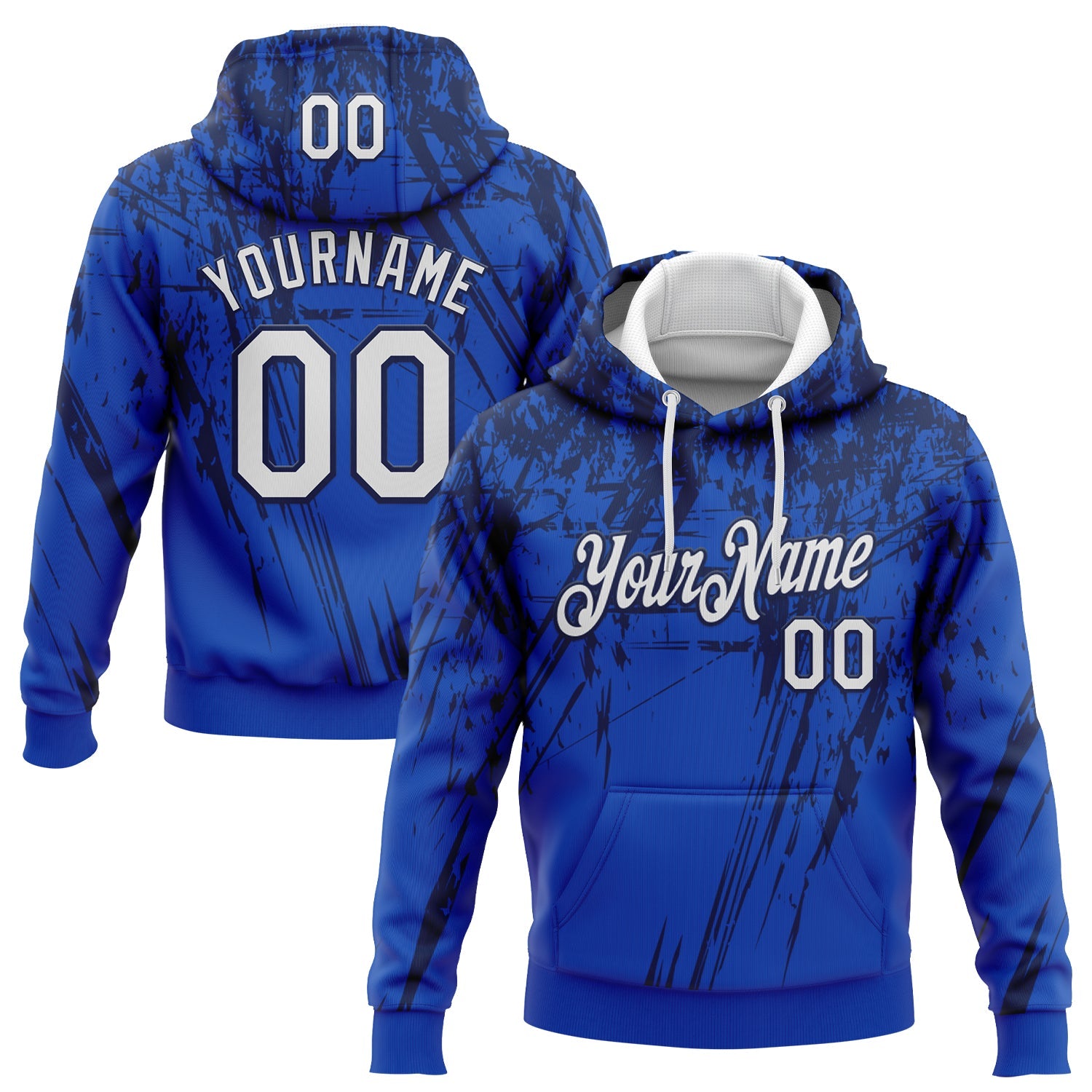 Custom Stitched Thunder Blue White-Navy 3D Pattern Design Splash Grunge Art Sports Pullover Sweatshirt Hoodie - Main View