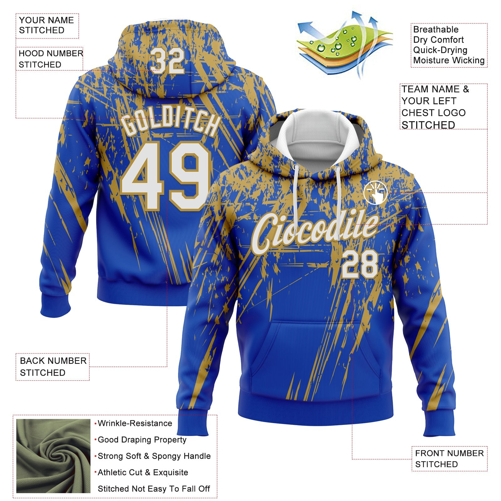 Custom Stitched Thunder Blue White-Old Gold 3D Pattern Design Splash Grunge Art Sports Pullover Sweatshirt Hoodie view 2