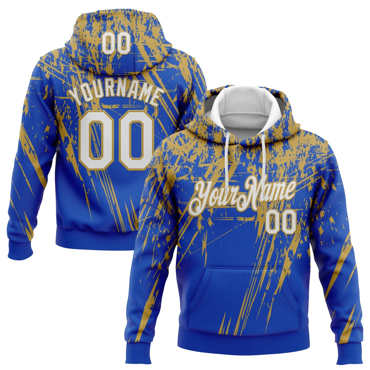 Custom Stitched Thunder Blue White-Old Gold 3D Pattern Design Splash Grunge Art Sports Pullover Sweatshirt Hoodie - Main View