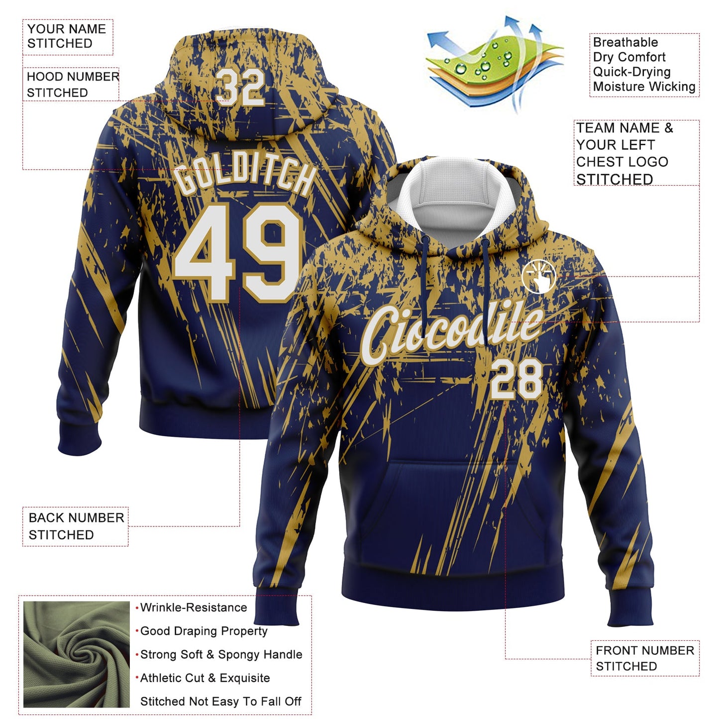 Custom Stitched Navy White-Old Gold 3D Pattern Design Splash Grunge Art Sports Pullover Sweatshirt Hoodie view 2