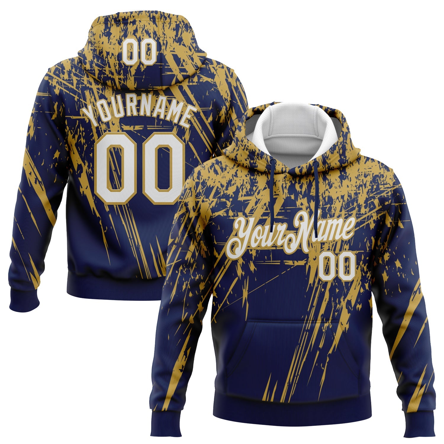 Custom Stitched Navy White-Old Gold 3D Pattern Design Splash Grunge Art Sports Pullover Sweatshirt Hoodie - Main View