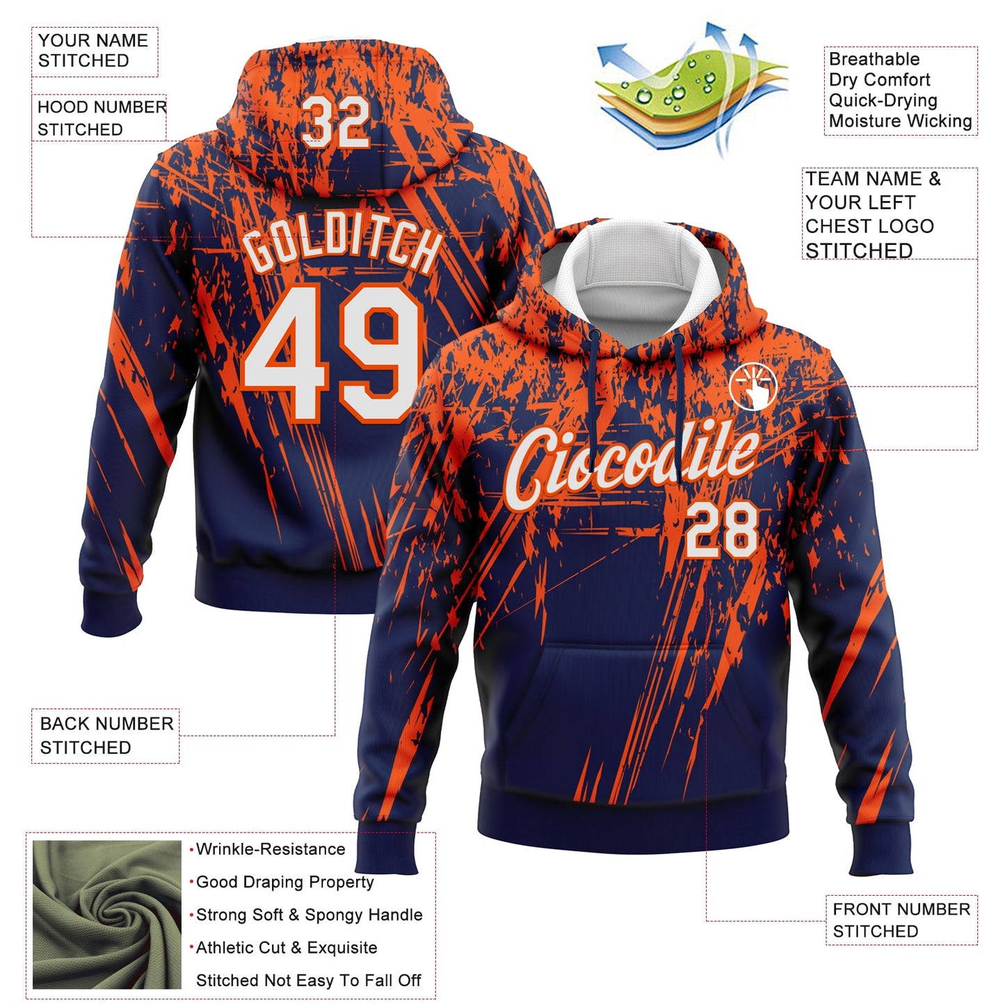 Custom Stitched Navy White-Orange 3D Pattern Design Splash Grunge Art Sports Pullover Sweatshirt Hoodie view 2