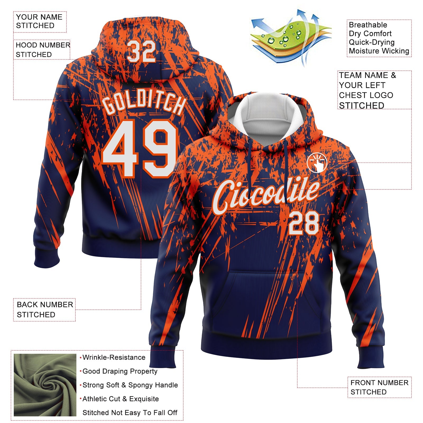 Custom Stitched Navy White-Orange 3D Pattern Design Splash Grunge Art Sports Pullover Sweatshirt Hoodie view 2