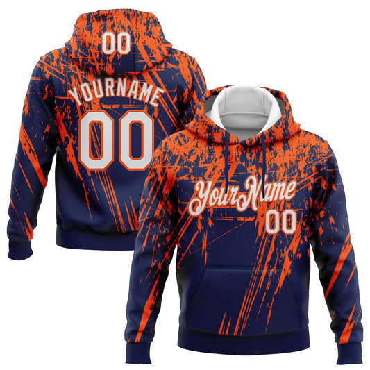 Custom Stitched Navy White-Orange 3D Pattern Design Splash Grunge Art Sports Pullover Sweatshirt Hoodie - Main View