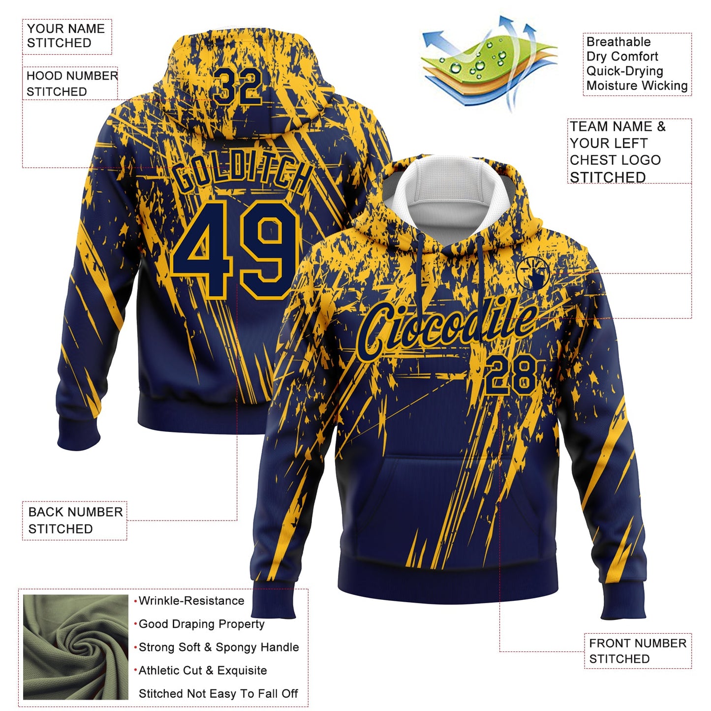 Custom Stitched Navy Gold 3D Pattern Design Splash Grunge Art Sports Pullover Sweatshirt Hoodie view 2