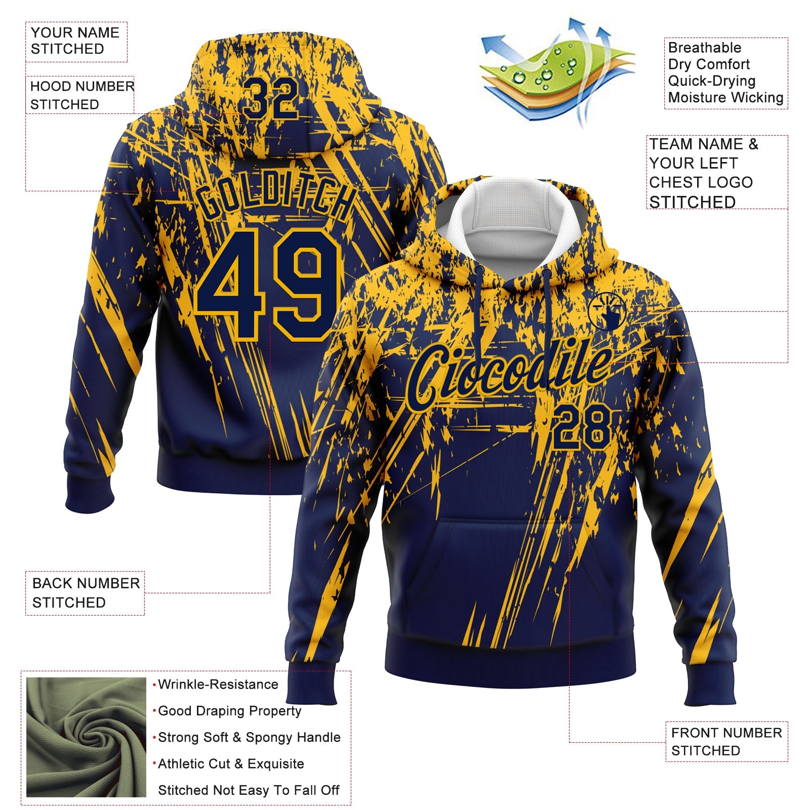 Custom Stitched Navy Gold 3D Pattern Design Splash Grunge Art Sports Pullover Sweatshirt Hoodie view 2