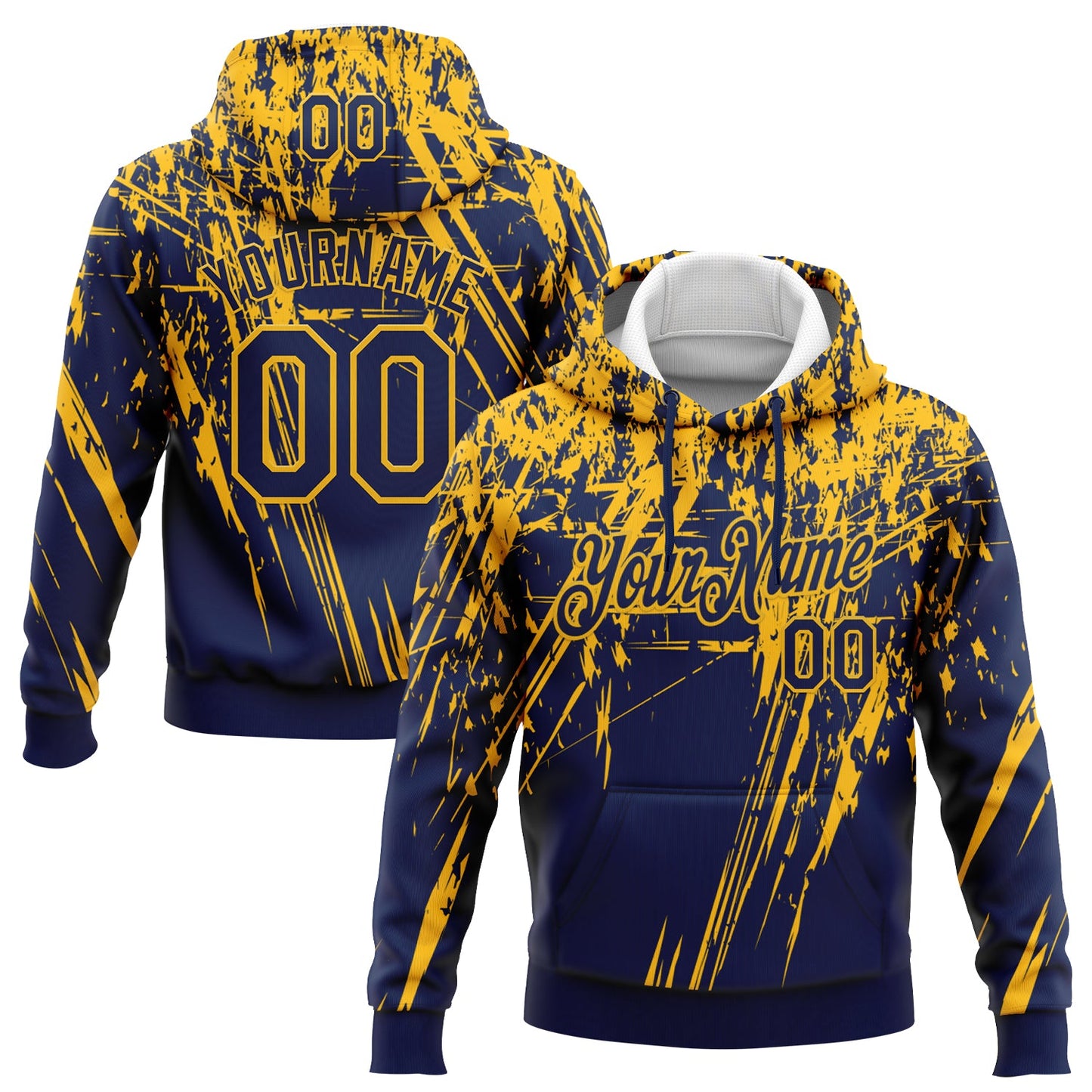 Custom Stitched Navy Gold 3D Pattern Design Splash Grunge Art Sports Pullover Sweatshirt Hoodie - Main View