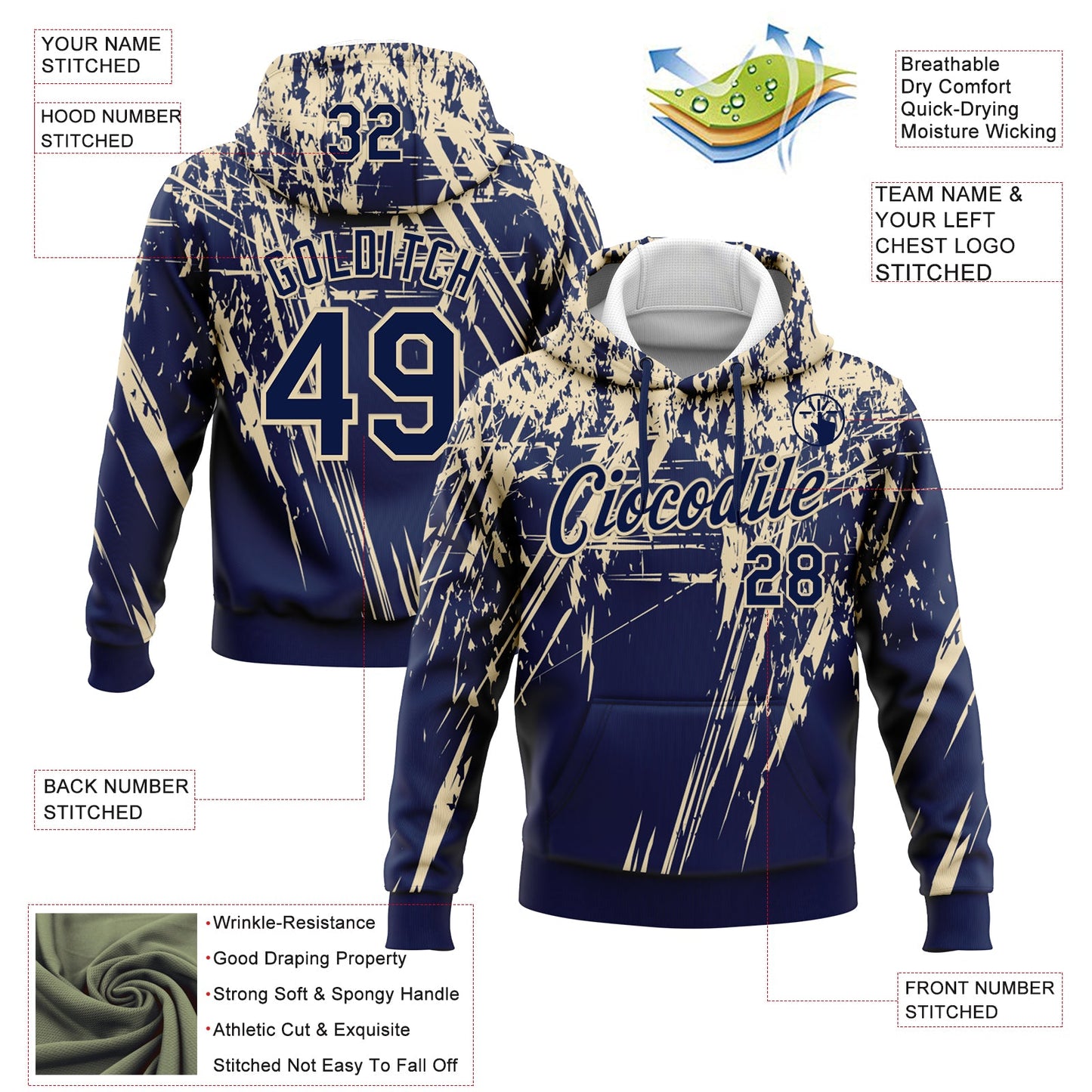 Custom Stitched Navy Cream 3D Pattern Design Splash Grunge Art Sports Pullover Sweatshirt Hoodie view 2