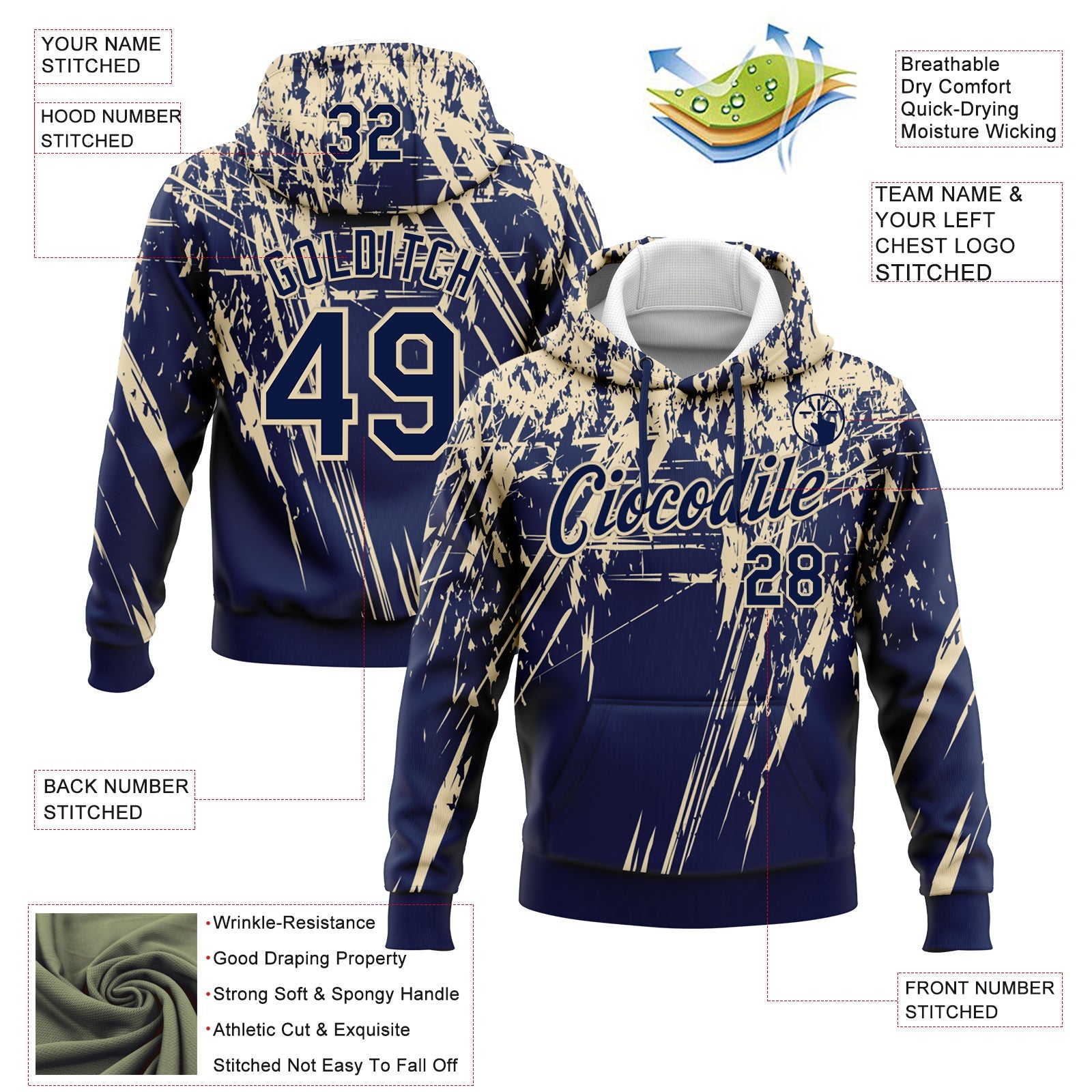 Custom Stitched Navy Cream 3D Pattern Design Splash Grunge Art Sports Pullover Sweatshirt Hoodie view 2