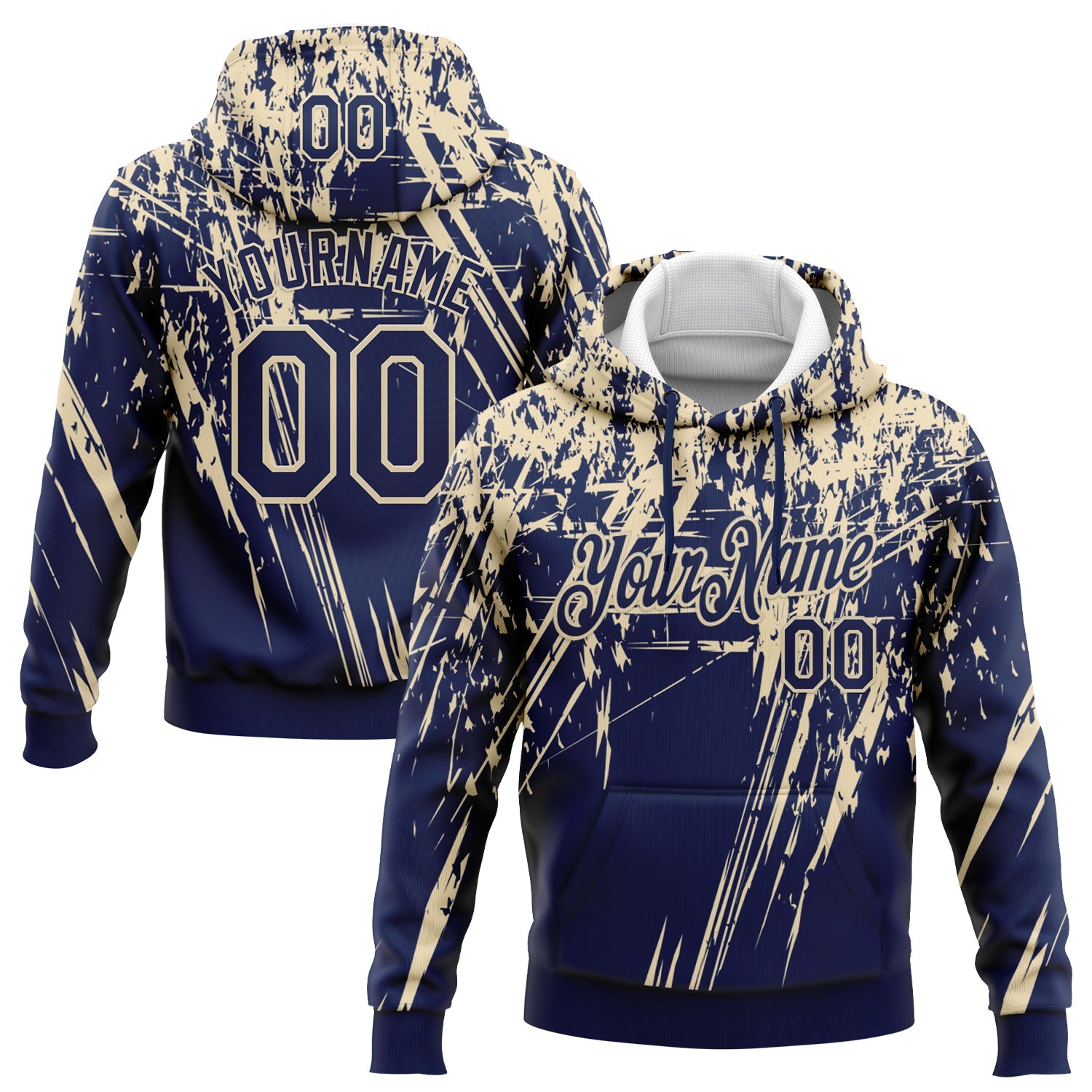 Custom Stitched Navy Cream 3D Pattern Design Splash Grunge Art Sports Pullover Sweatshirt Hoodie - Main View
