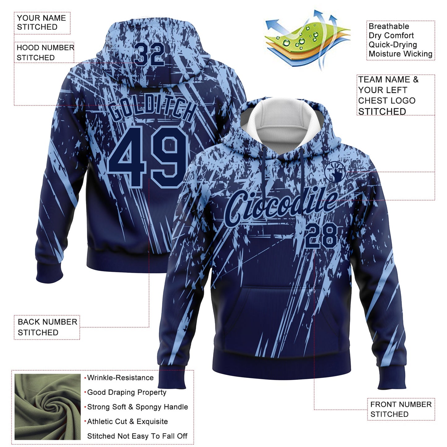 Custom Stitched Navy Light Blue 3D Pattern Design Splash Grunge Art Sports Pullover Sweatshirt Hoodie view 2