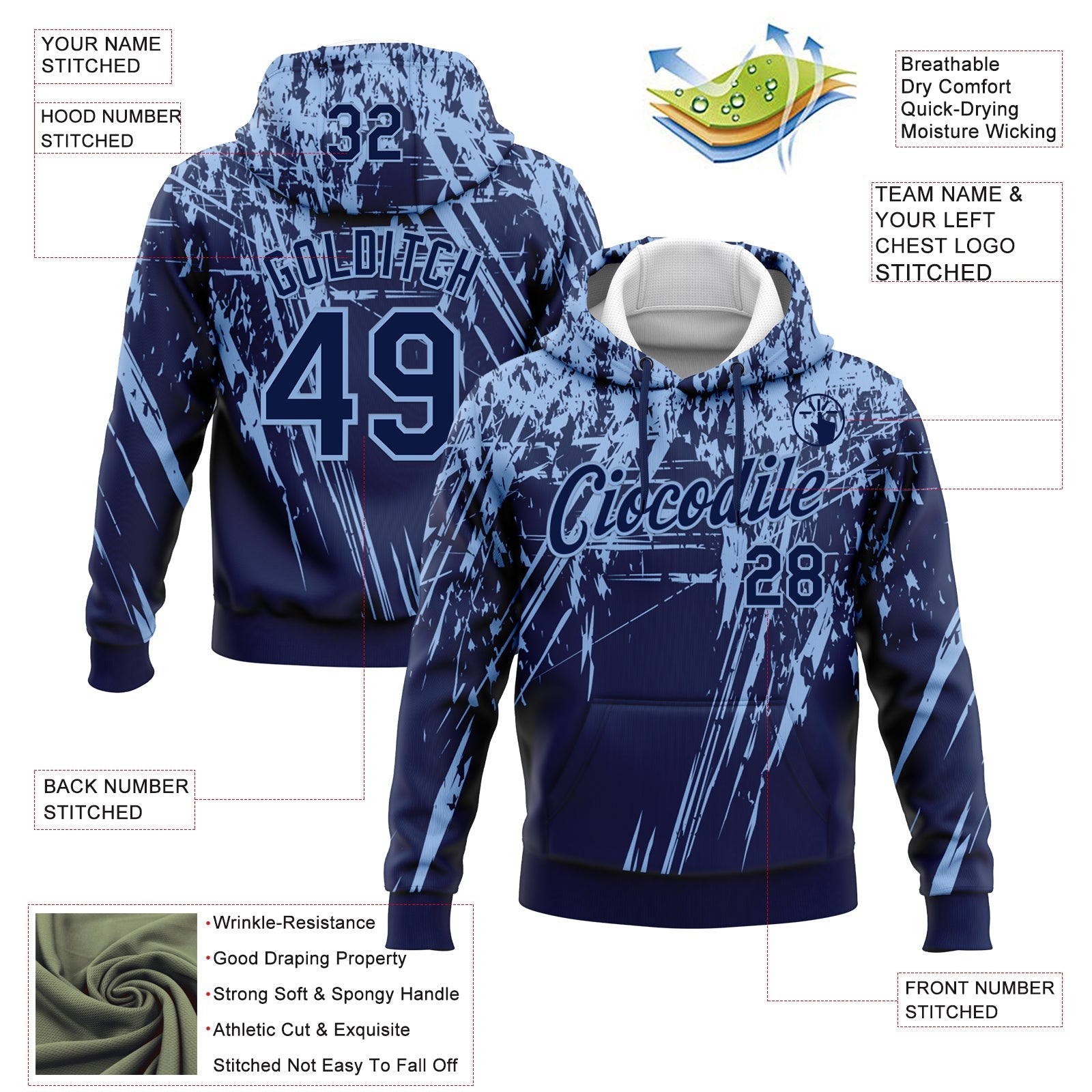 Custom Stitched Navy Light Blue 3D Pattern Design Splash Grunge Art Sports Pullover Sweatshirt Hoodie view 2