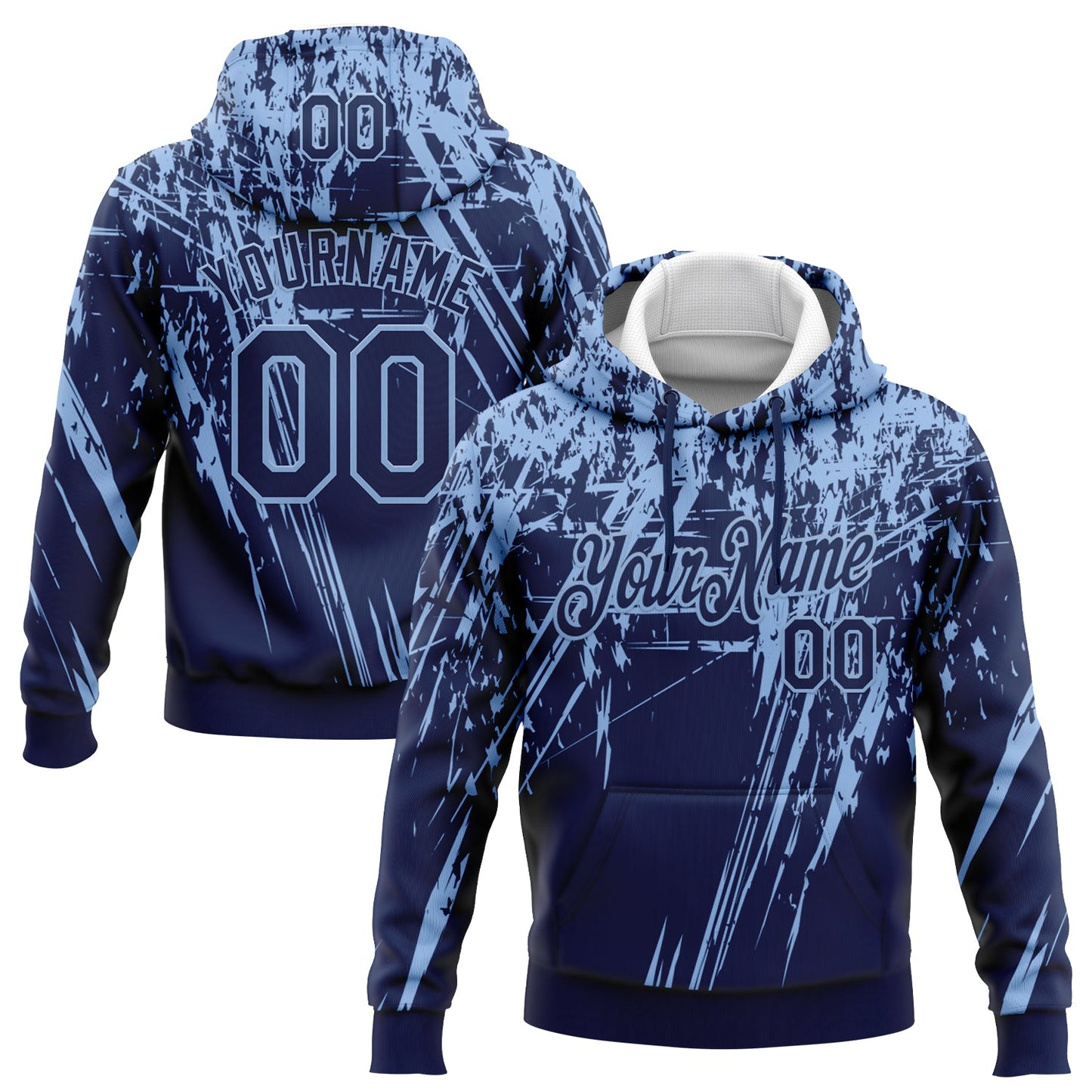 Custom Stitched Navy Light Blue 3D Pattern Design Splash Grunge Art Sports Pullover Sweatshirt Hoodie - Main View