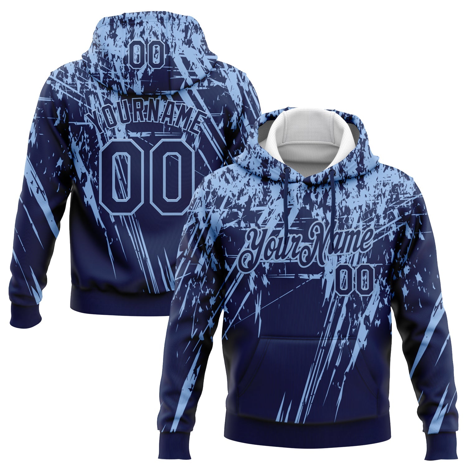 Custom Stitched Navy Light Blue 3D Pattern Design Splash Grunge Art Sports Pullover Sweatshirt Hoodie - Main View