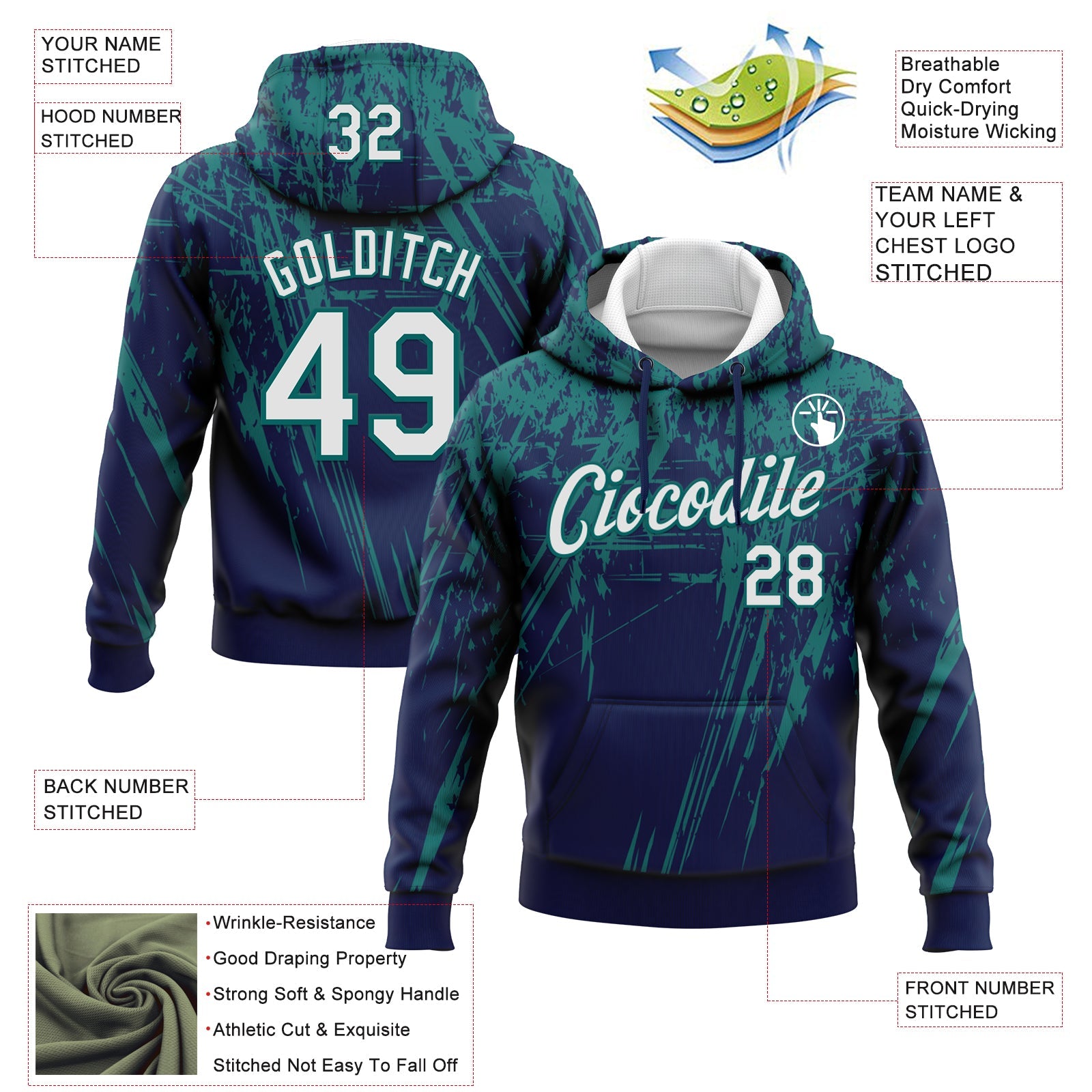 Custom Stitched Navy White-Teal 3D Pattern Design Splash Grunge Art Sports Pullover Sweatshirt Hoodie view 2
