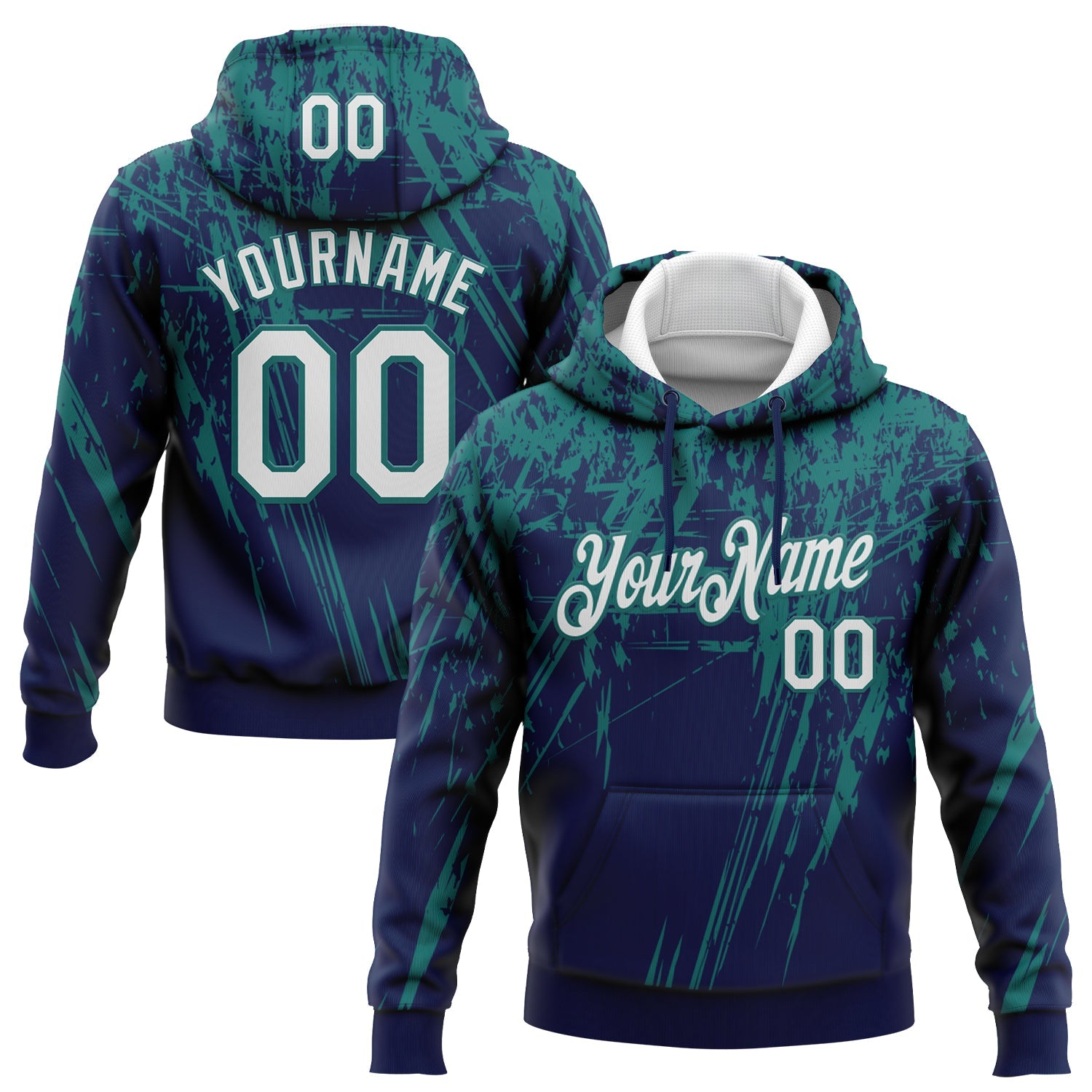 Custom Stitched Navy White-Teal 3D Pattern Design Splash Grunge Art Sports Pullover Sweatshirt Hoodie - Main View