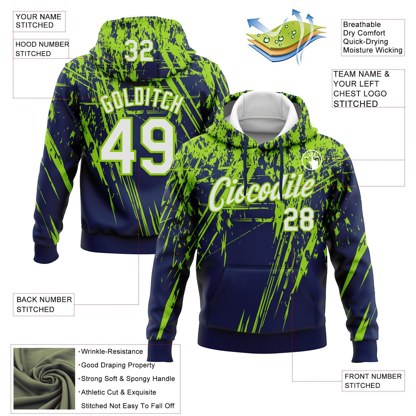 Custom Stitched Navy White-Neon Green 3D Pattern Design Splash Grunge Art Sports Pullover Sweatshirt Hoodie view 2