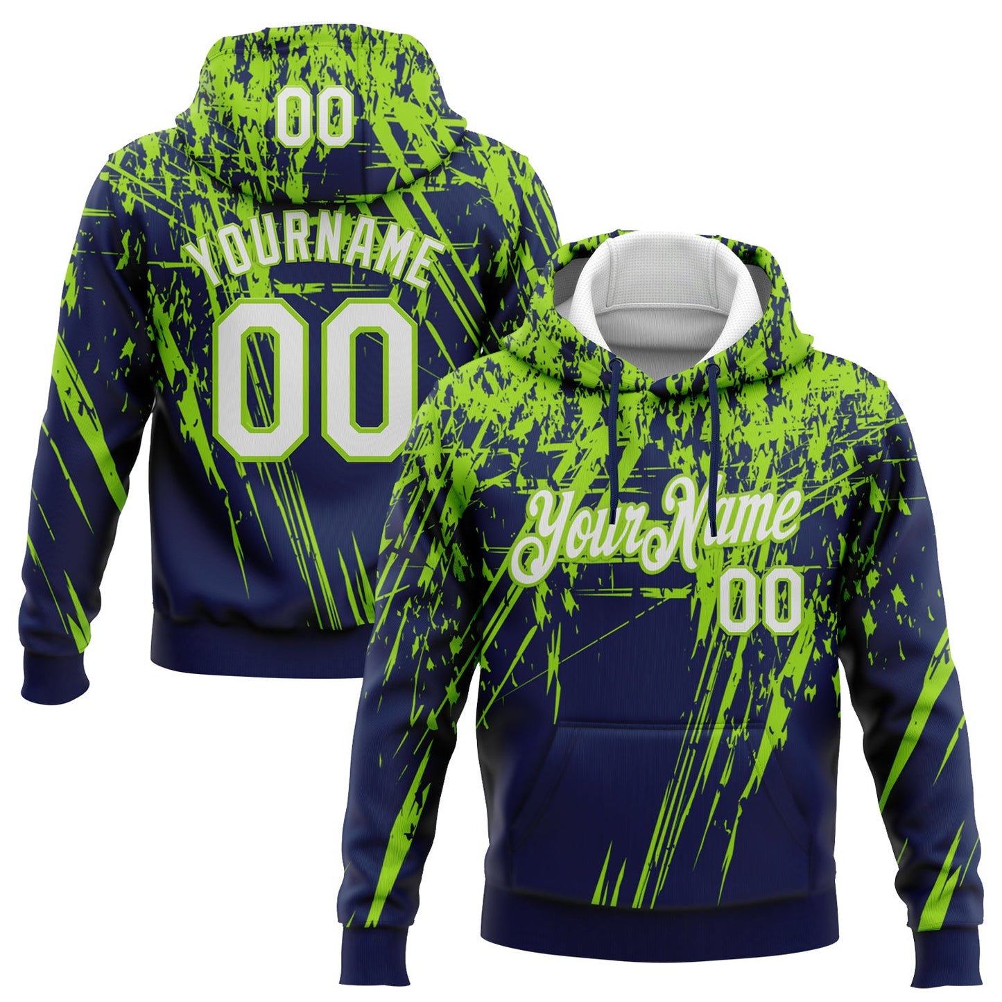 Custom Stitched Navy White-Neon Green 3D Pattern Design Splash Grunge Art Sports Pullover Sweatshirt Hoodie - Main View
