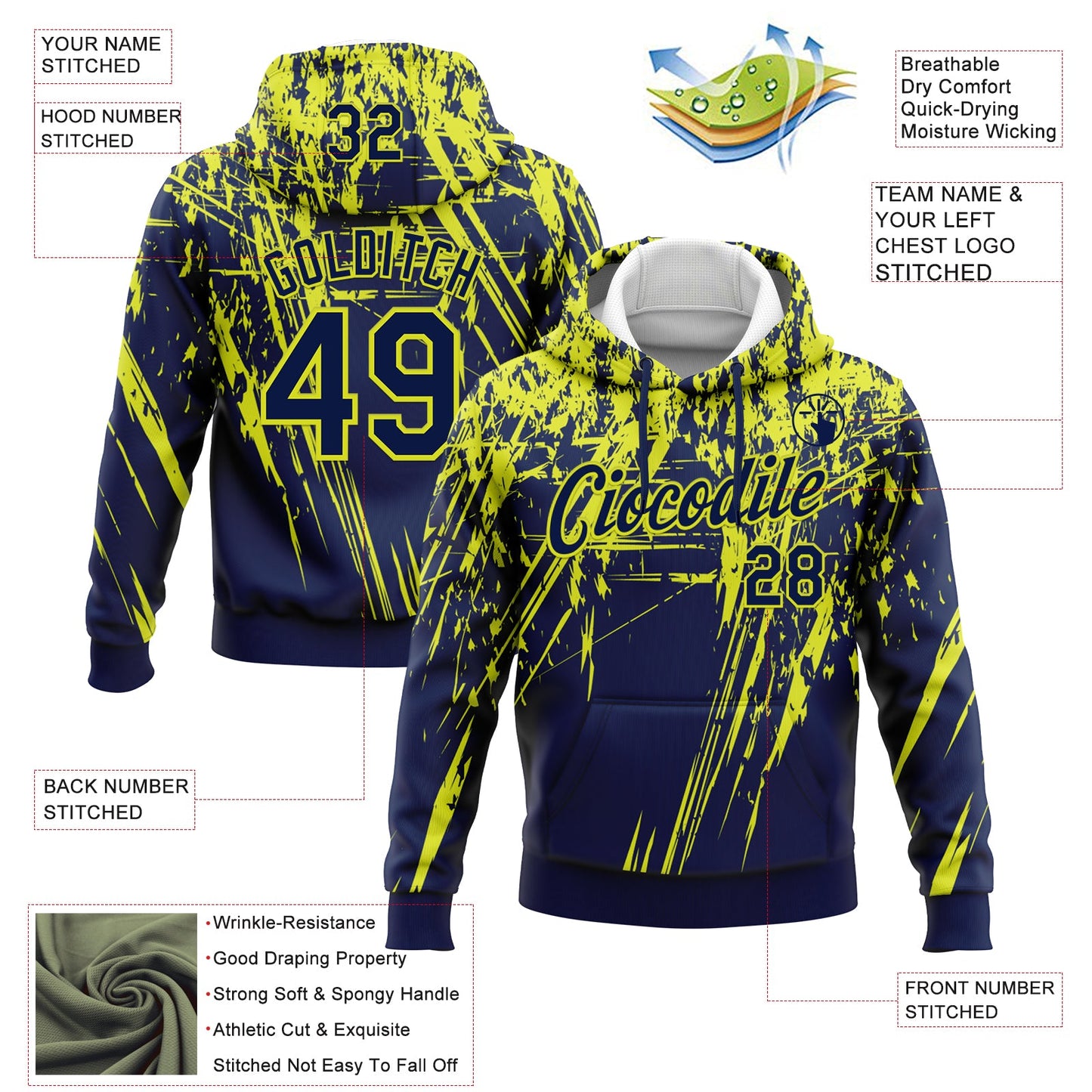 Custom Stitched Navy Neon Yellow 3D Pattern Design Splash Grunge Art Sports Pullover Sweatshirt Hoodie view 2