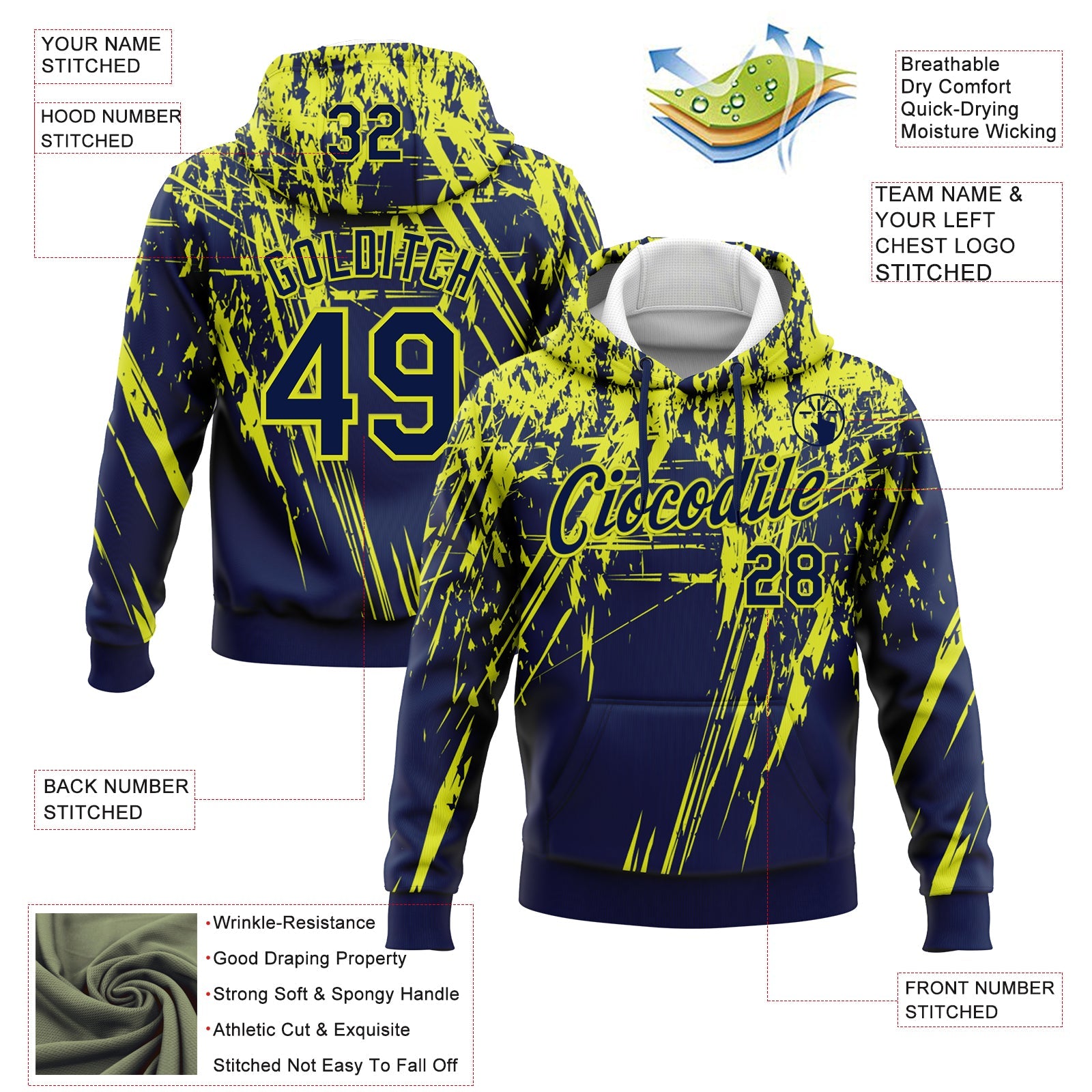 Custom Stitched Navy Neon Yellow 3D Pattern Design Splash Grunge Art Sports Pullover Sweatshirt Hoodie view 2