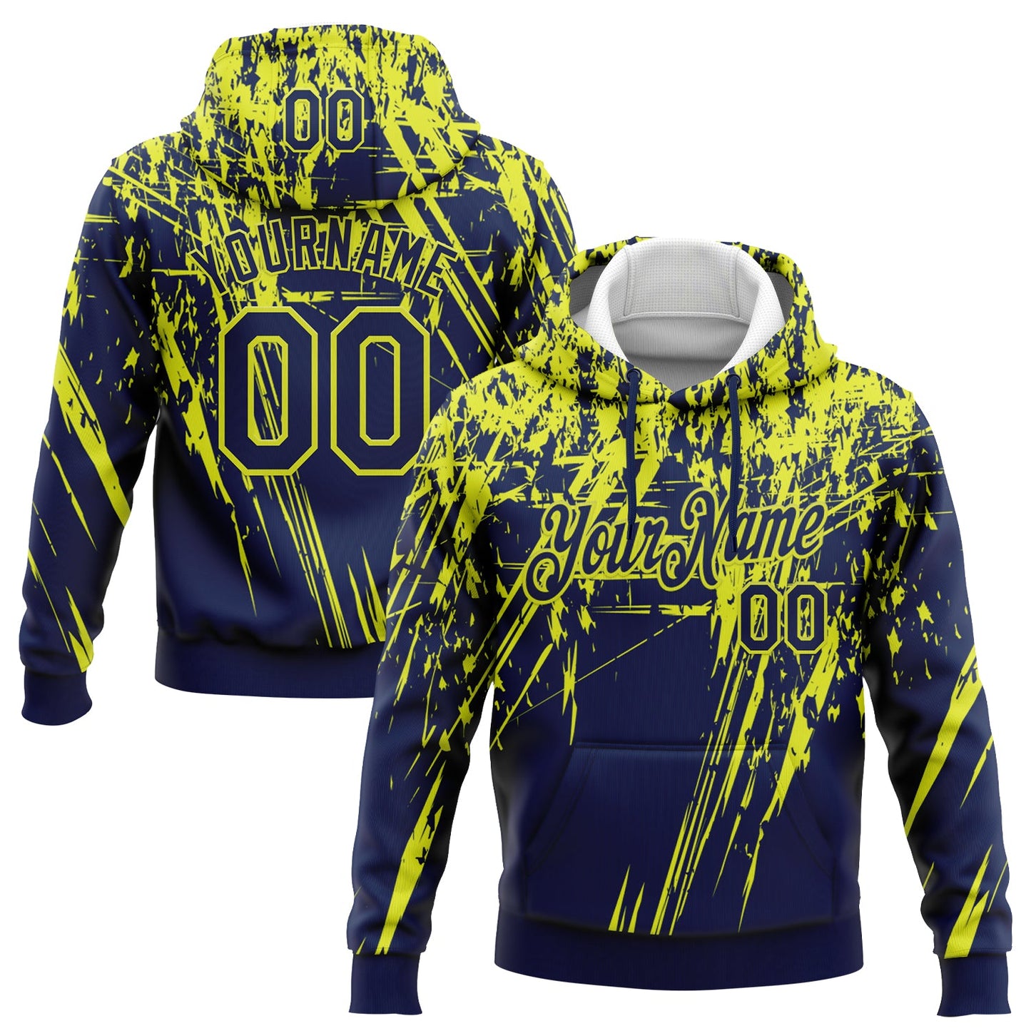 Custom Stitched Navy Neon Yellow 3D Pattern Design Splash Grunge Art Sports Pullover Sweatshirt Hoodie - Main View