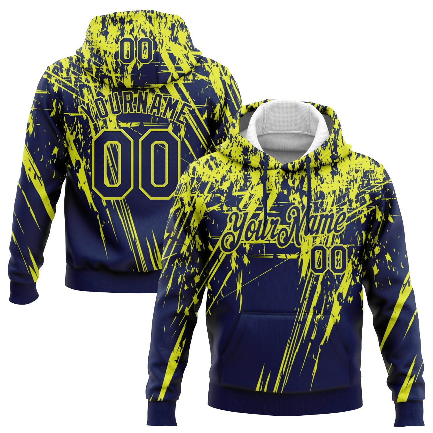 Custom Stitched Navy Neon Yellow 3D Pattern Design Splash Grunge Art Sports Pullover Sweatshirt Hoodie - Main View