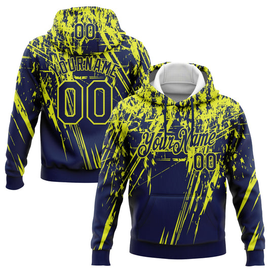 Custom Stitched Navy Neon Yellow 3D Pattern Design Splash Grunge Art Sports Pullover Sweatshirt Hoodie - Main View