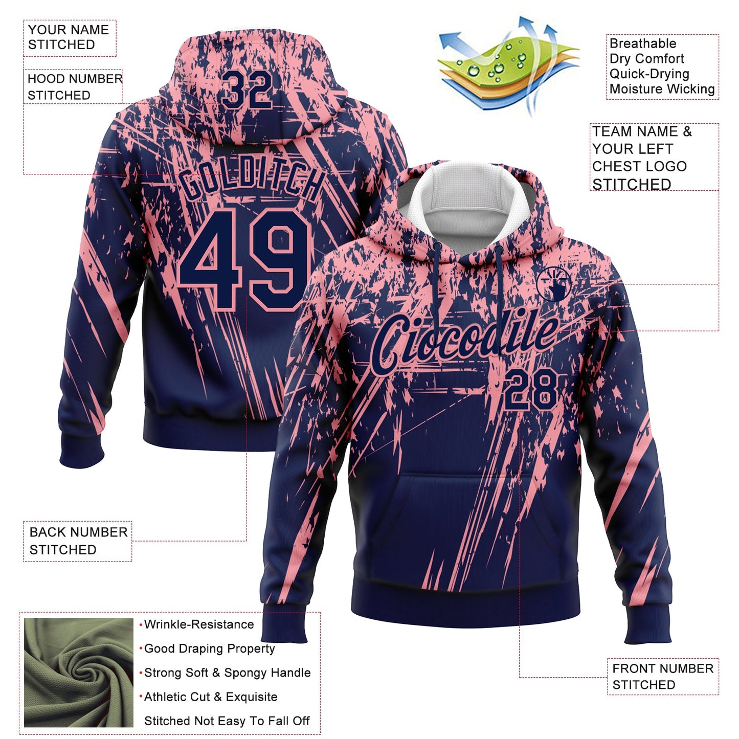 Custom Stitched Navy Medium Pink 3D Pattern Design Splash Grunge Art Sports Pullover Sweatshirt Hoodie view 2