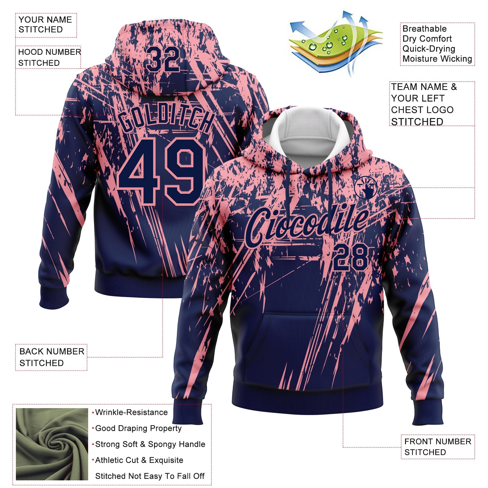 Custom Stitched Navy Medium Pink 3D Pattern Design Splash Grunge Art Sports Pullover Sweatshirt Hoodie view 2