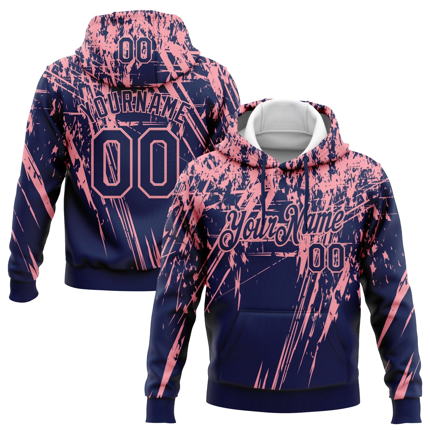 Custom Stitched Navy Medium Pink 3D Pattern Design Splash Grunge Art Sports Pullover Sweatshirt Hoodie - Main View