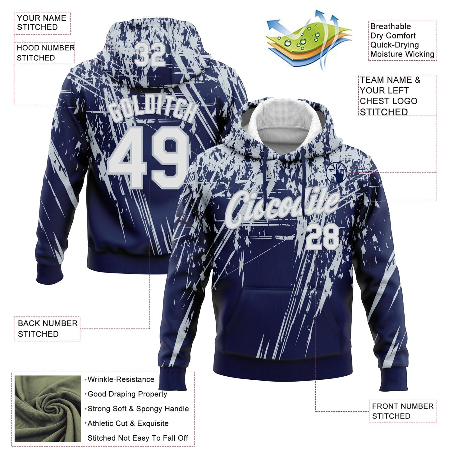 Custom Stitched Navy White-Silver 3D Pattern Design Splash Grunge Art Sports Pullover Sweatshirt Hoodie view 2