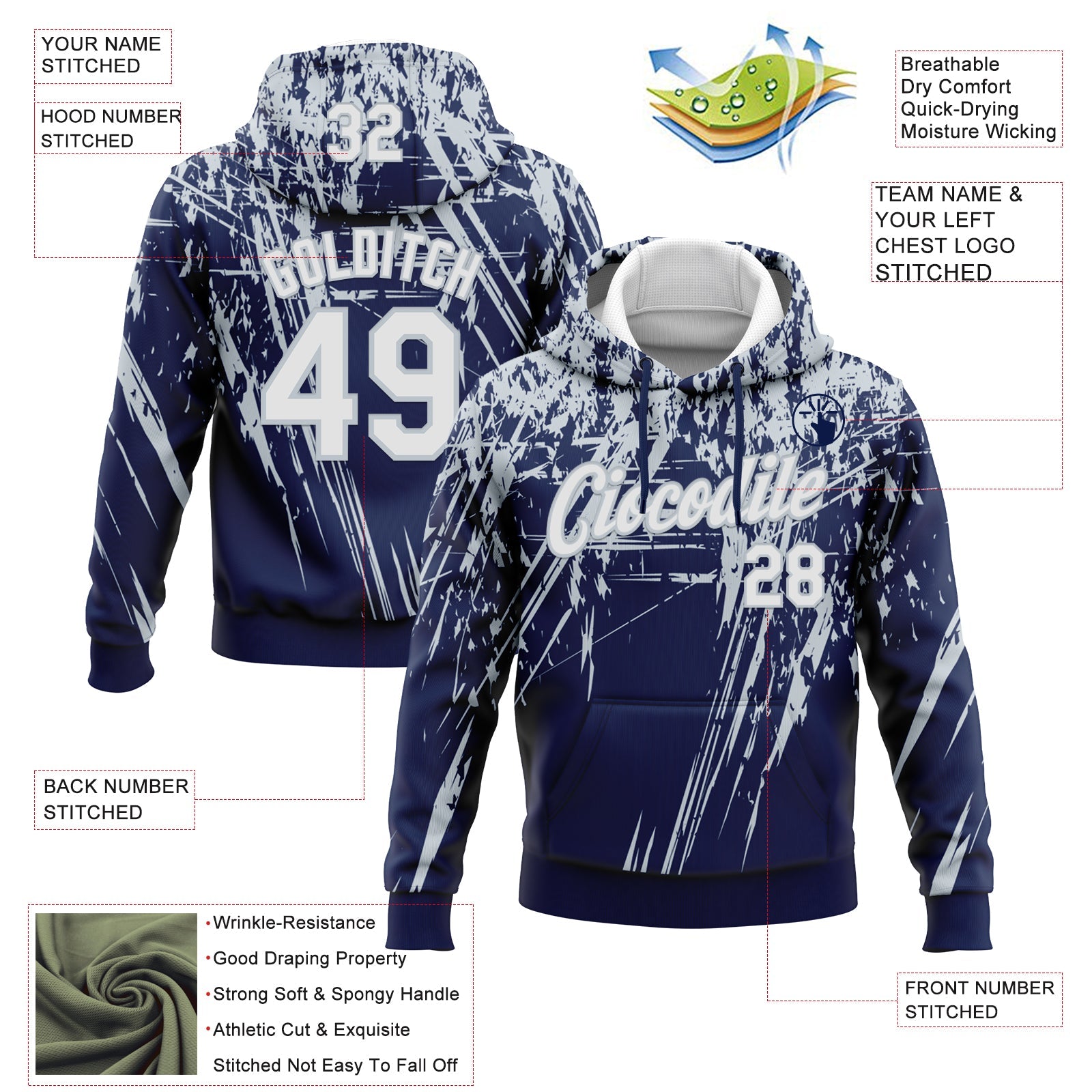 Custom Stitched Navy White-Silver 3D Pattern Design Splash Grunge Art Sports Pullover Sweatshirt Hoodie view 2