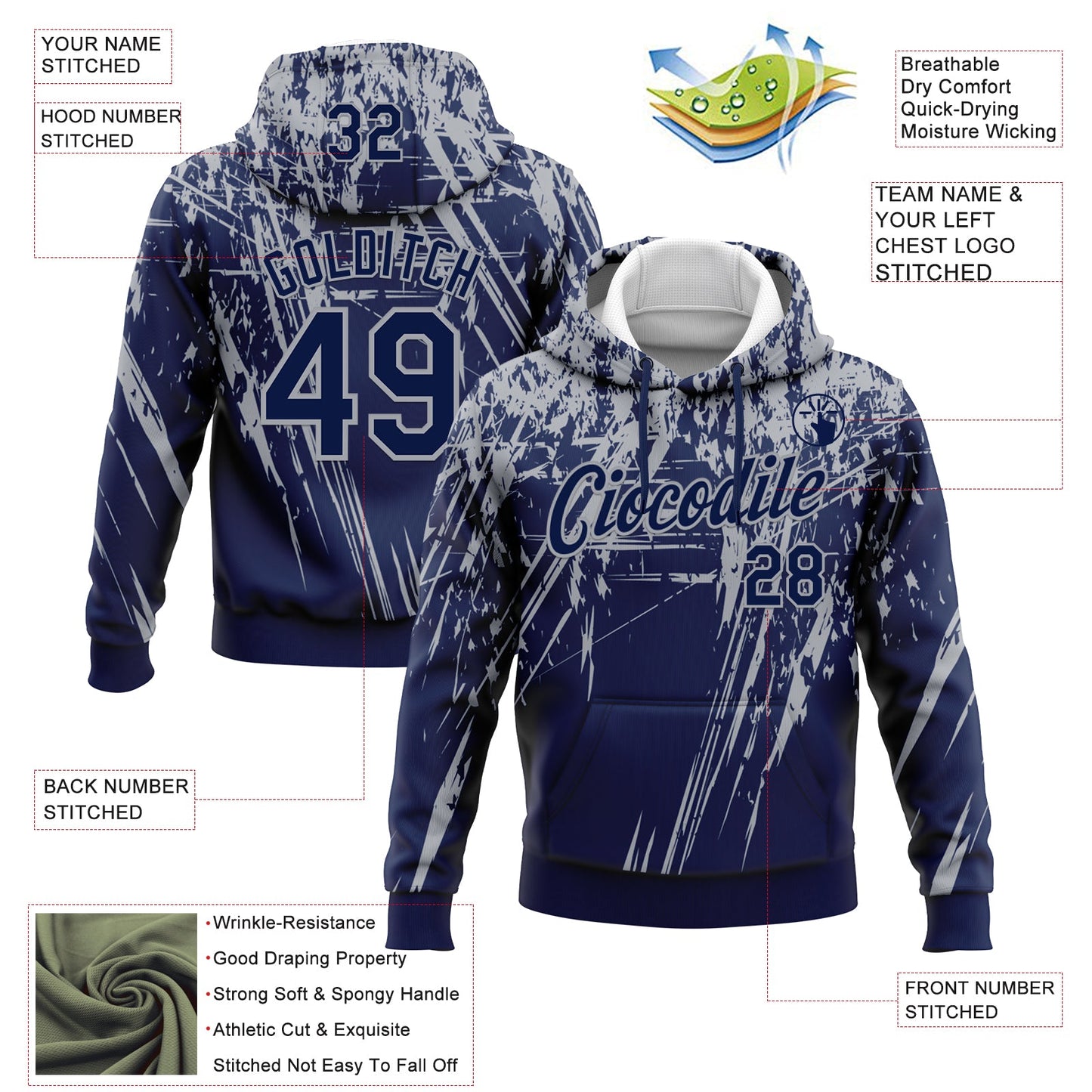 Custom Stitched Navy Gray 3D Pattern Design Splash Grunge Art Sports Pullover Sweatshirt Hoodie view 2