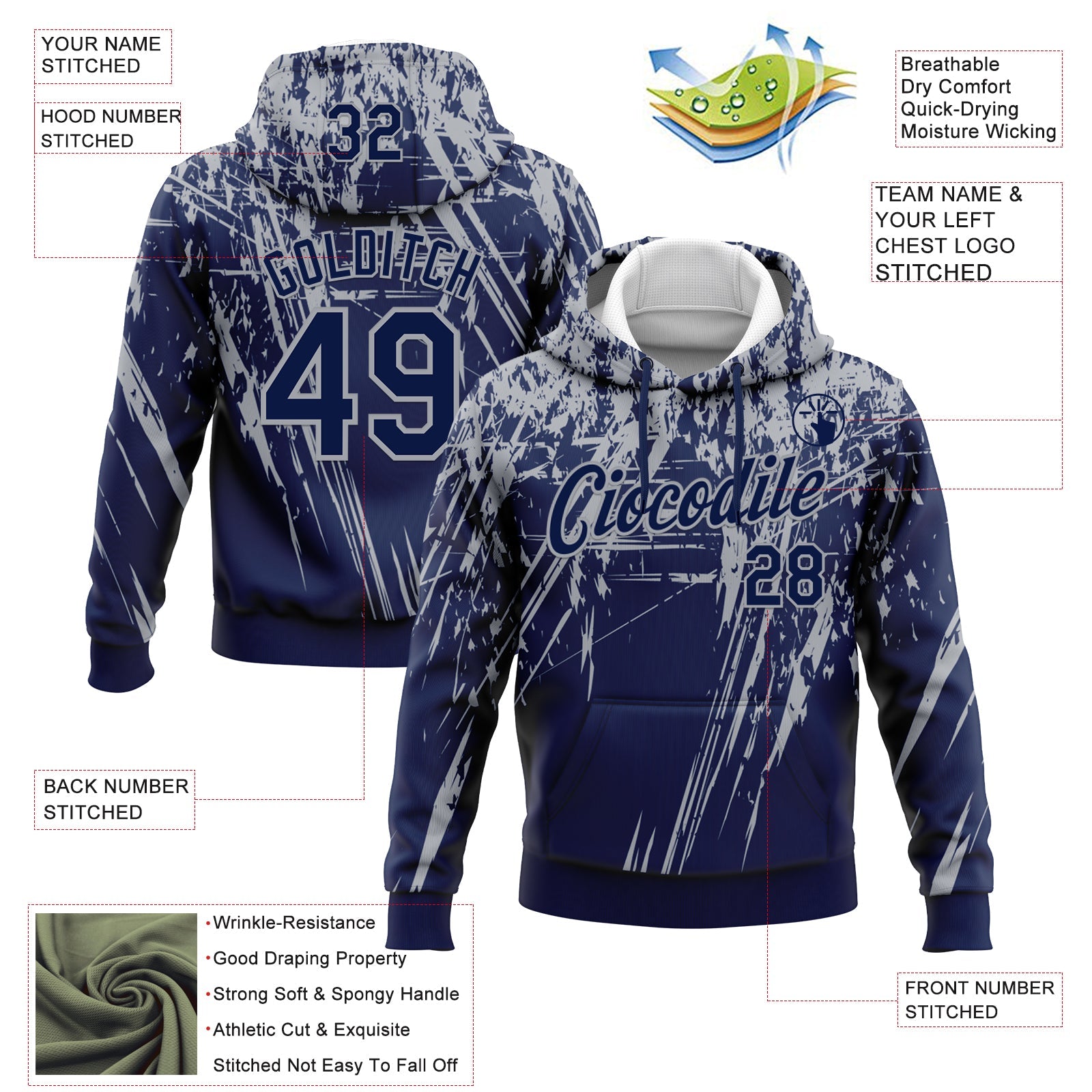 Custom Stitched Navy Gray 3D Pattern Design Splash Grunge Art Sports Pullover Sweatshirt Hoodie view 2