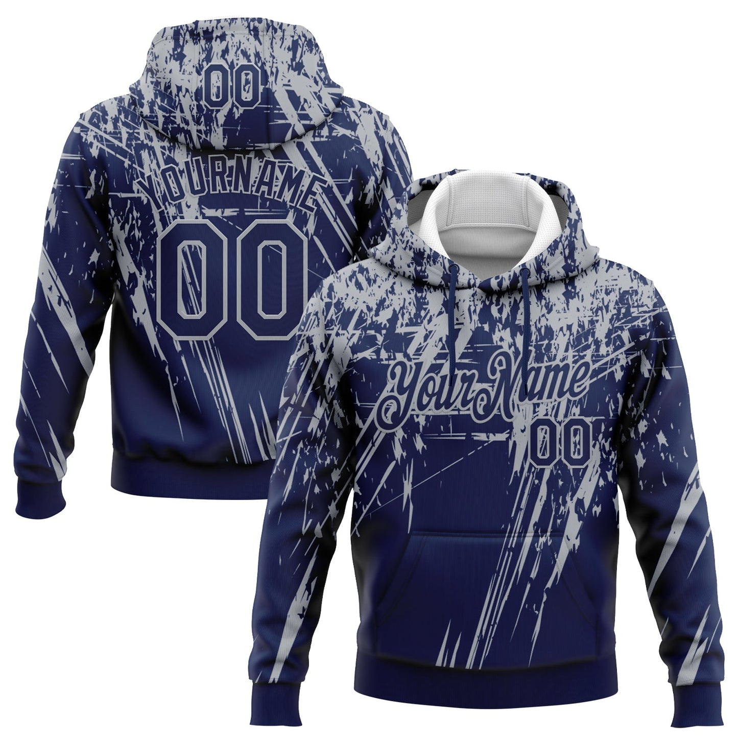 Custom Stitched Navy Gray 3D Pattern Design Splash Grunge Art Sports Pullover Sweatshirt Hoodie - Main View