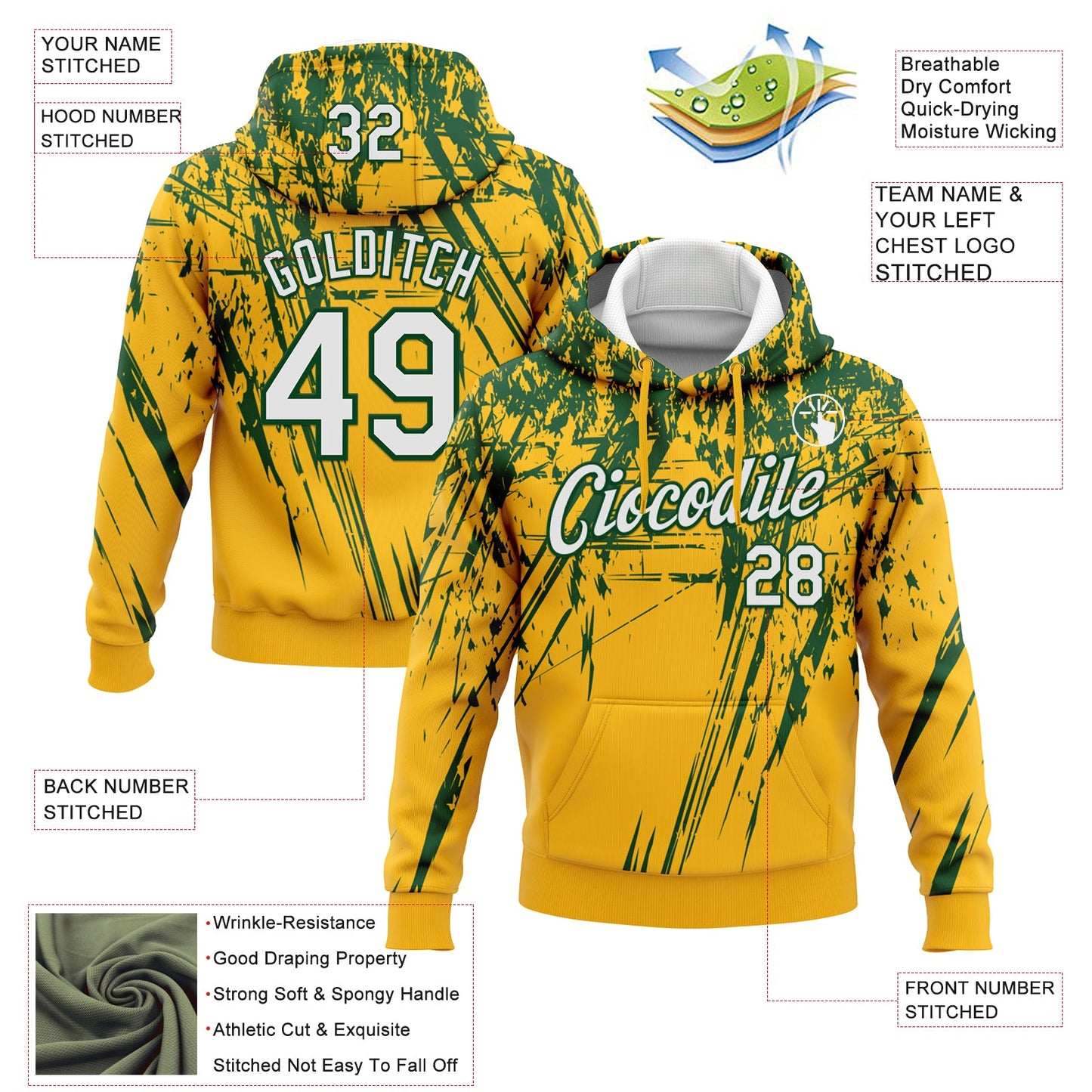 Custom Stitched Gold White-Green 3D Pattern Design Splash Grunge Art Sports Pullover Sweatshirt Hoodie view 2