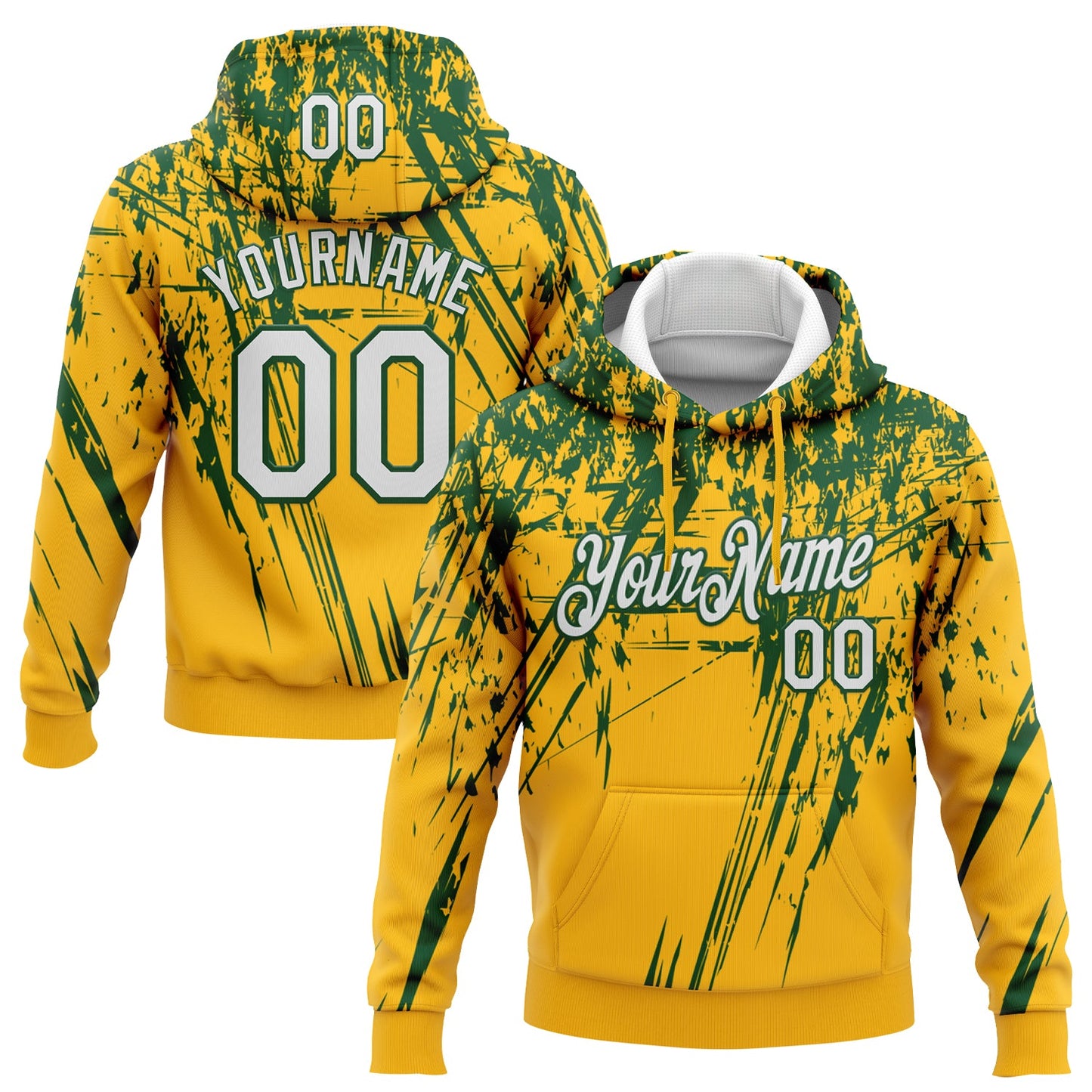 Custom Stitched Gold White-Green 3D Pattern Design Splash Grunge Art Sports Pullover Sweatshirt Hoodie - Main View