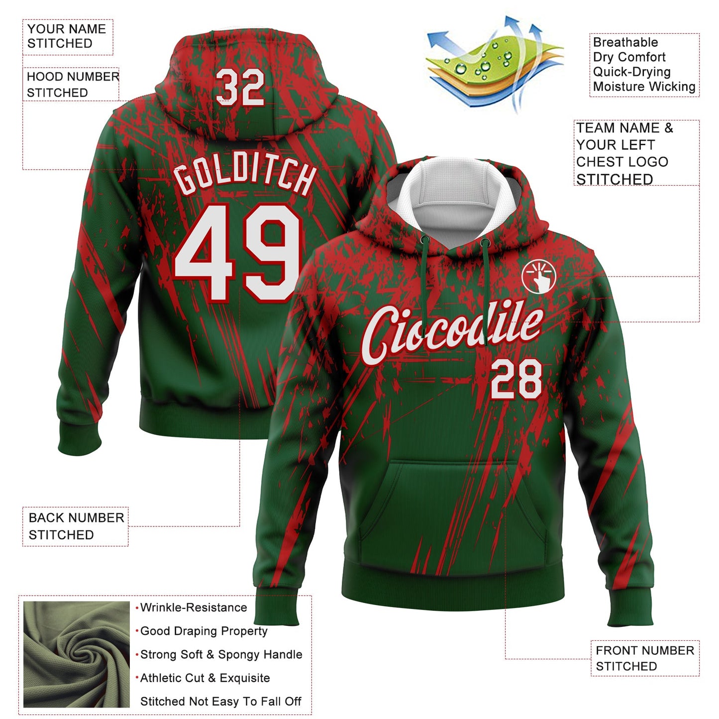 Custom Stitched Green White-Red 3D Pattern Design Splash Grunge Art Sports Pullover Sweatshirt Hoodie view 2
