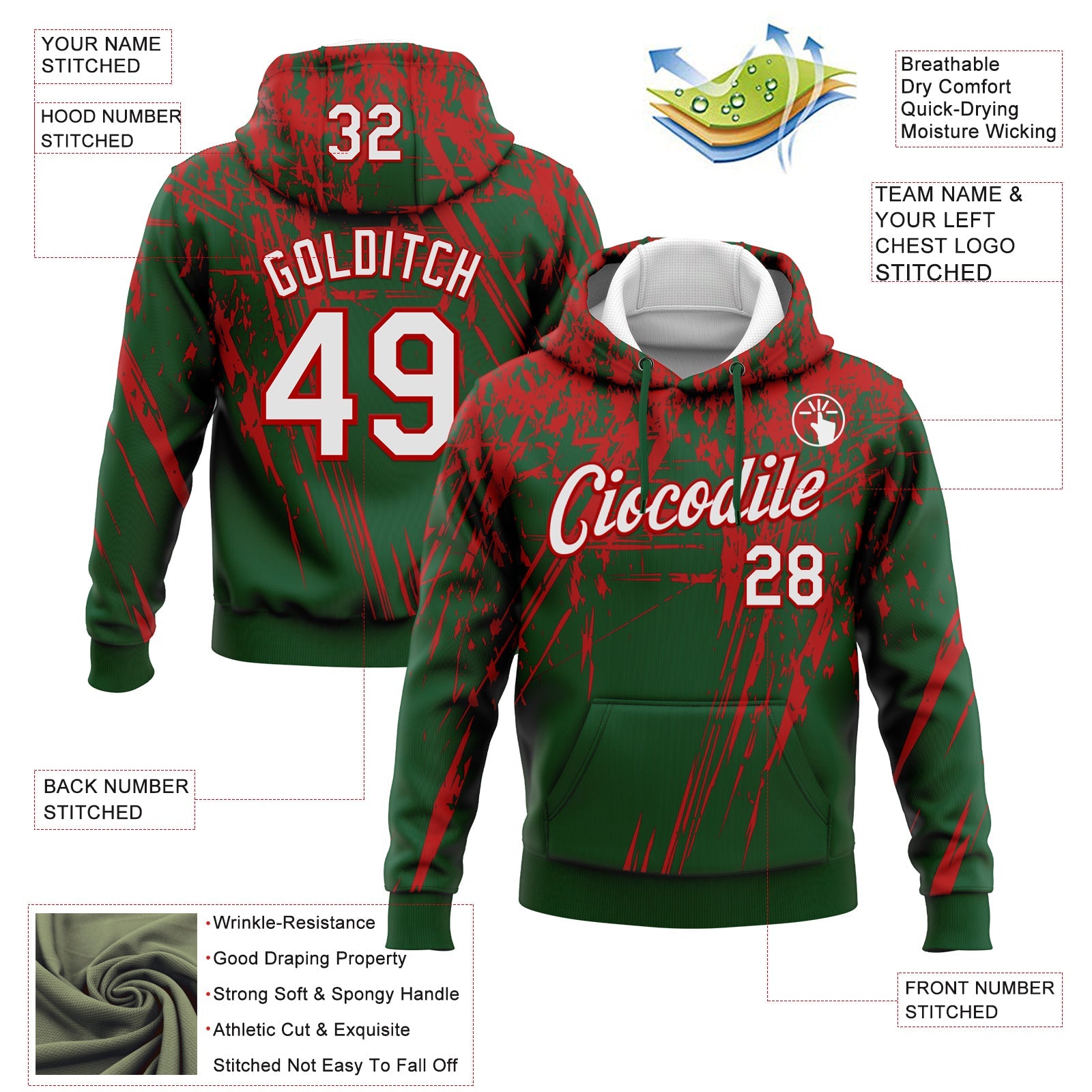 Custom Stitched Green White-Red 3D Pattern Design Splash Grunge Art Sports Pullover Sweatshirt Hoodie view 2