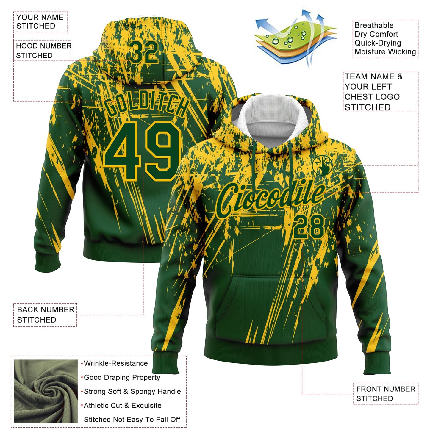 Custom Stitched Green Yellow 3D Pattern Design Splash Grunge Art Sports Pullover Sweatshirt Hoodie view 2