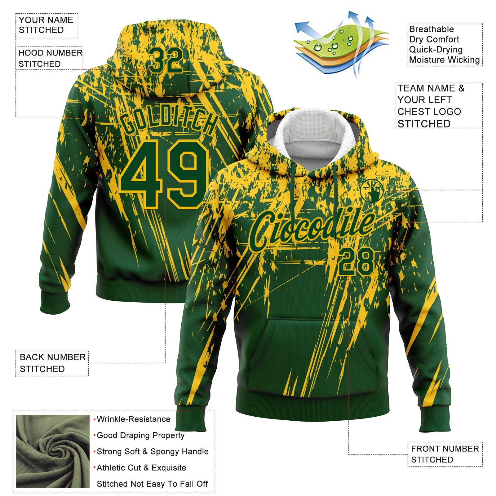 Custom Stitched Green Yellow 3D Pattern Design Splash Grunge Art Sports Pullover Sweatshirt Hoodie view 2