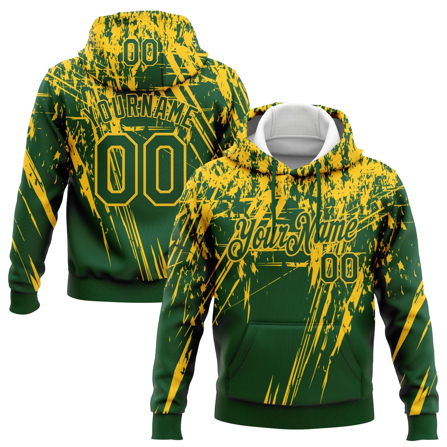 Custom Stitched Green Yellow 3D Pattern Design Splash Grunge Art Sports Pullover Sweatshirt Hoodie - Main View