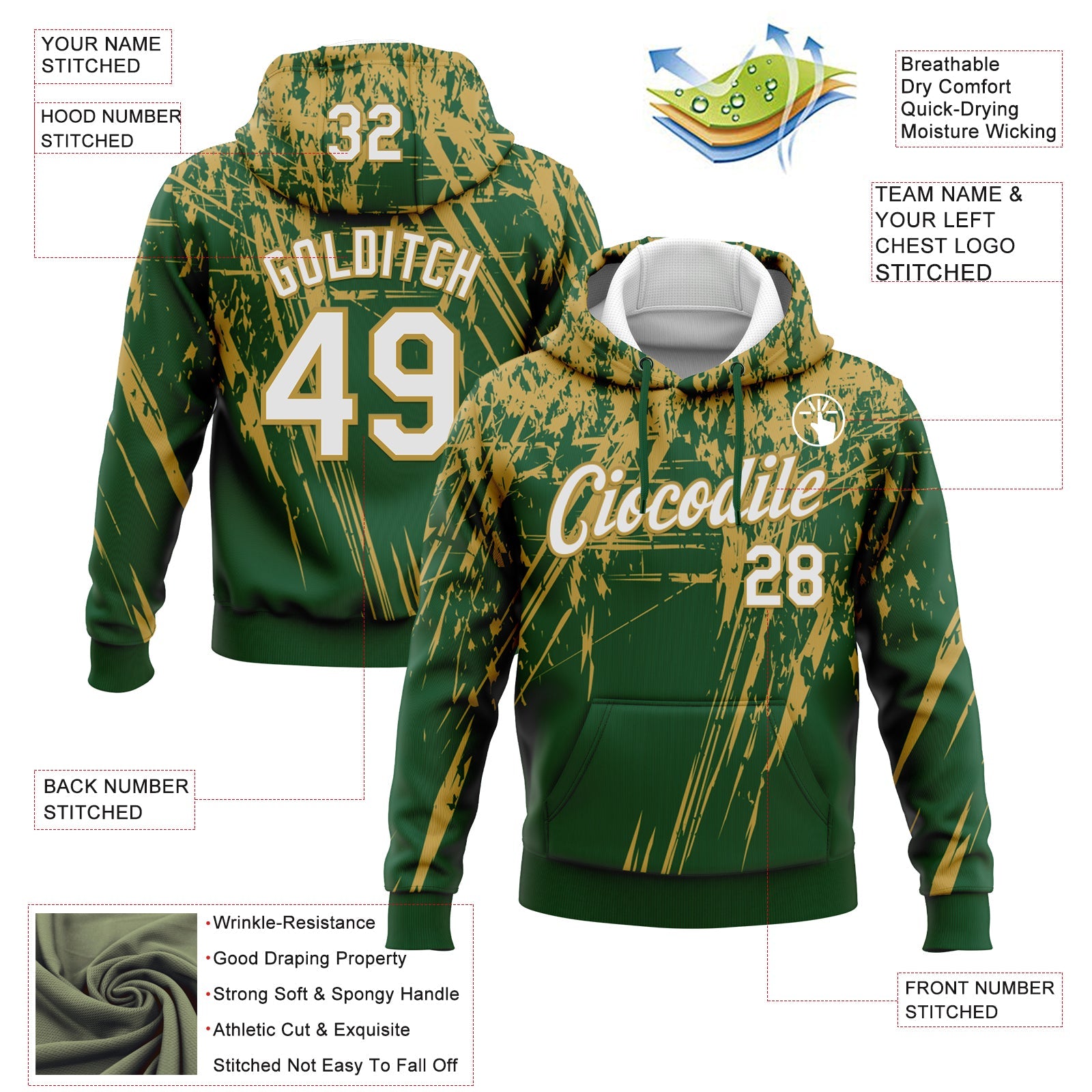 Custom Stitched Green White-Old Gold 3D Pattern Design Splash Grunge Art Sports Pullover Sweatshirt Hoodie view 2
