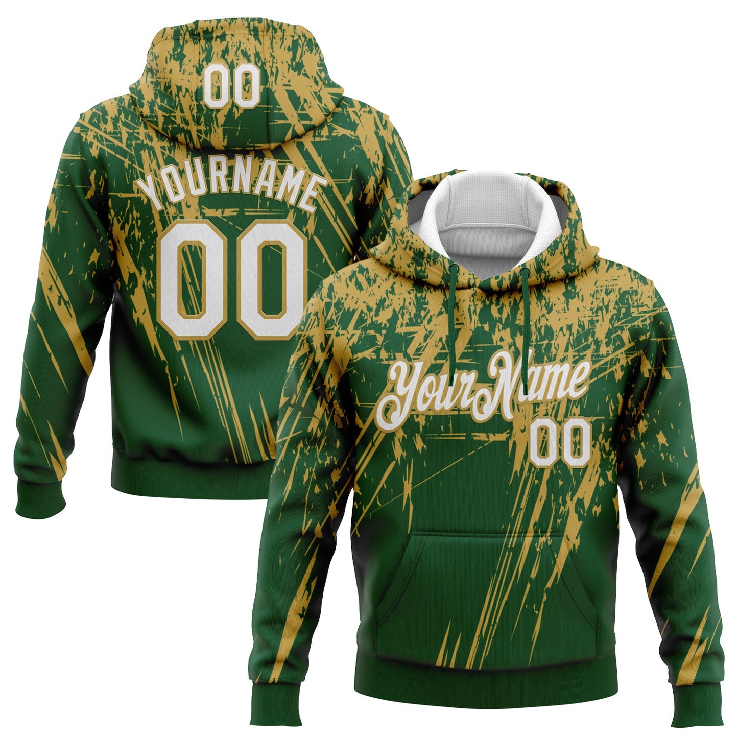 Custom Stitched Green White-Old Gold 3D Pattern Design Splash Grunge Art Sports Pullover Sweatshirt Hoodie - Main View